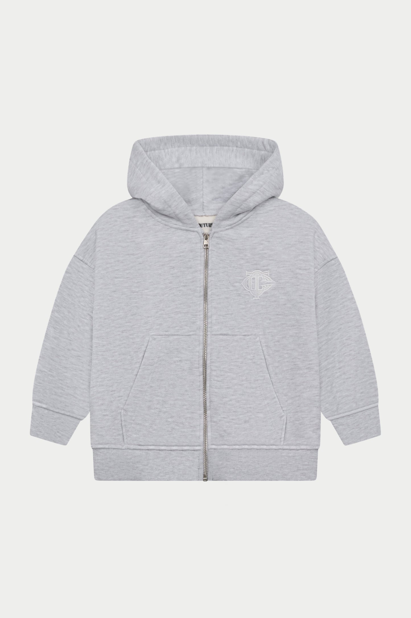 KIDS ZIP THROUGH MONOGRAM EMBLEM APPLIQUE HOODIE - GREY MARL