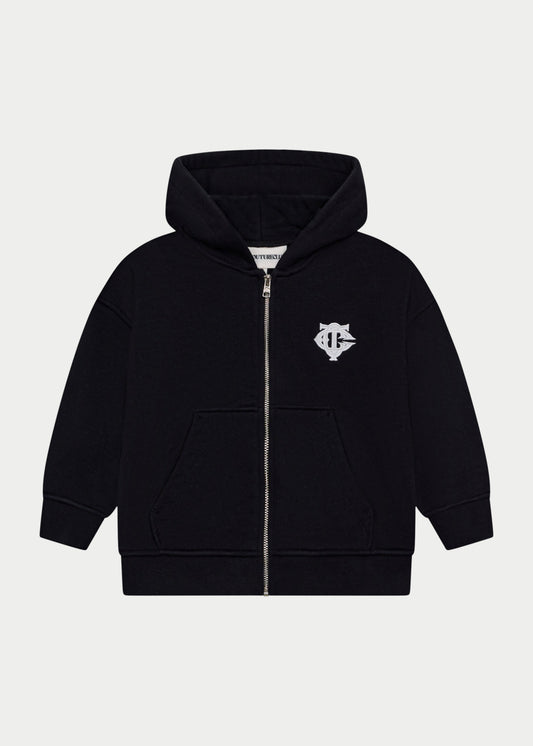 Kids Zip Through Monogram Emblem Applique Hoodie in Black
