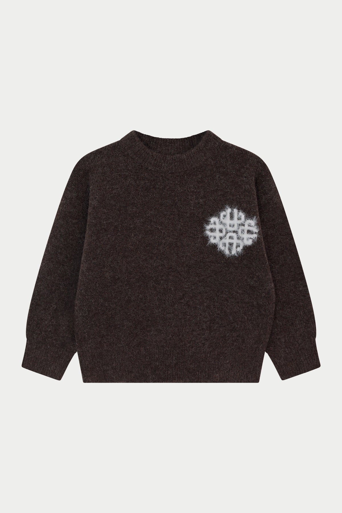 KIDS EMBLEM FLUFFY KNIT CREW - BROWN
