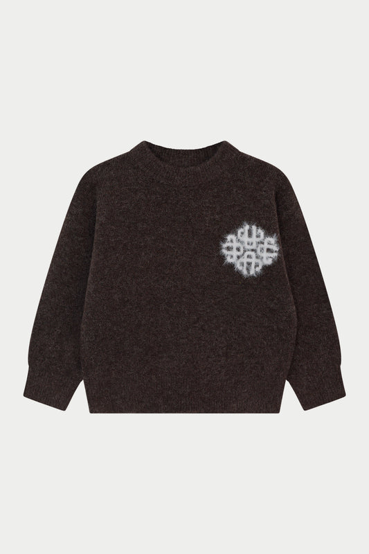 KIDS EMBLEM FLUFFY KNIT CREW - BROWN