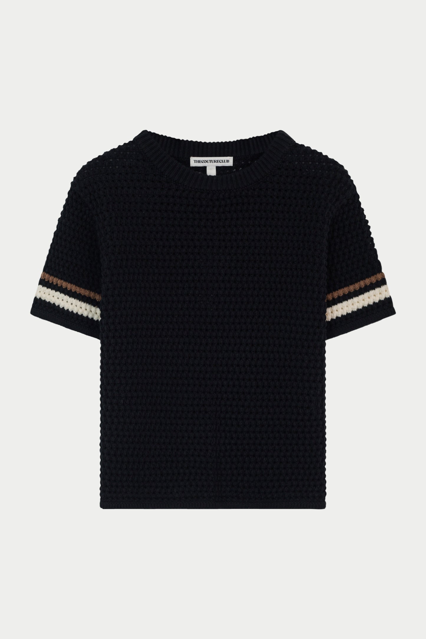 JUNIOR STRIPE CROCHET KNIT T-SHIRT - BLACK