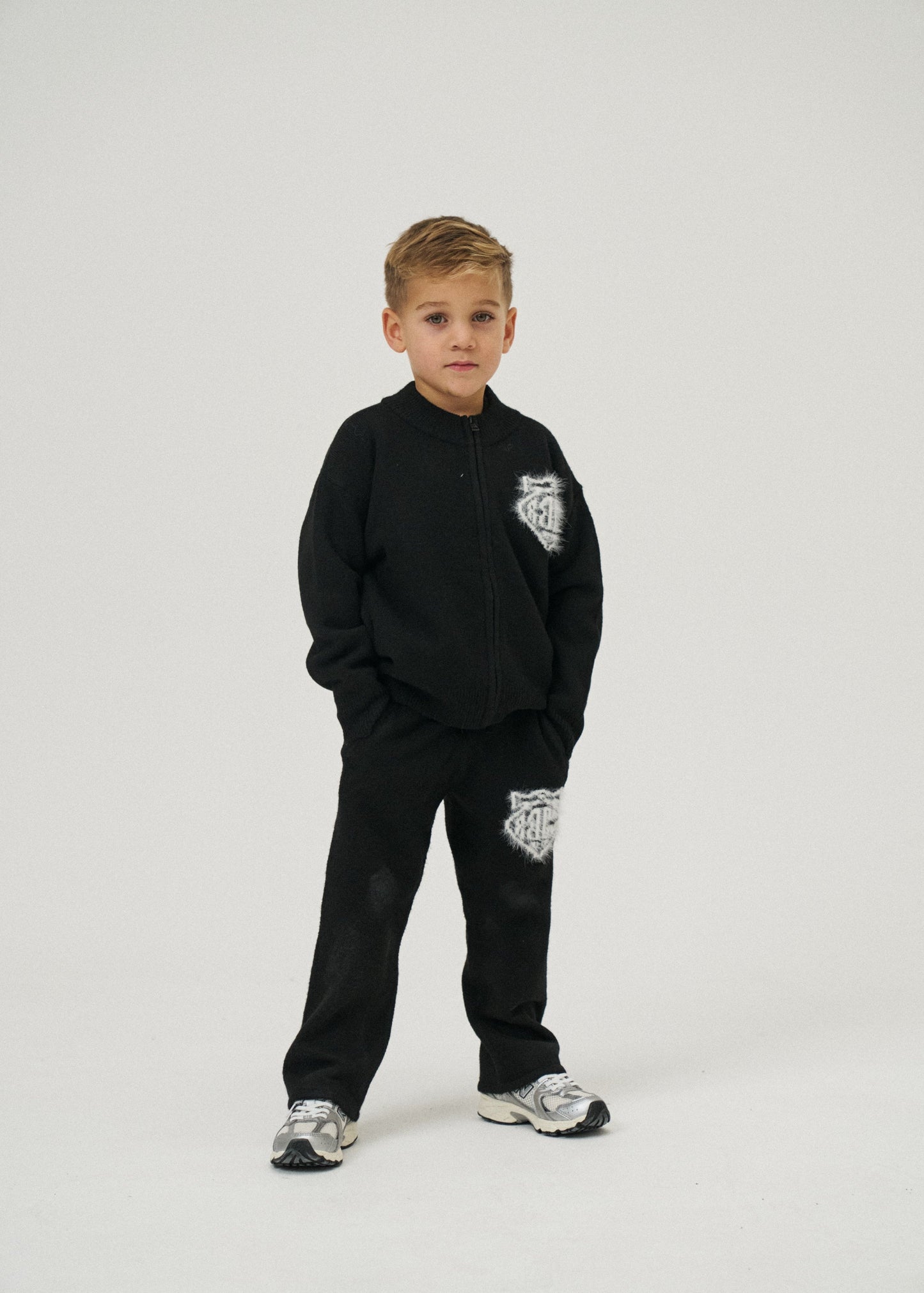 Kids Monogram Fluffy Knit Zip Through in Black