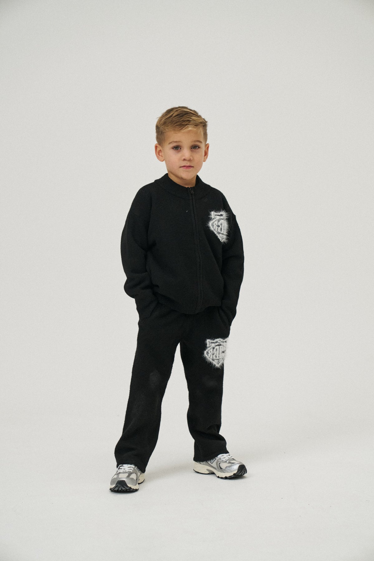 KIDS MONOGRAM FLUFFY KNIT ZIP THROUGH - BLACK