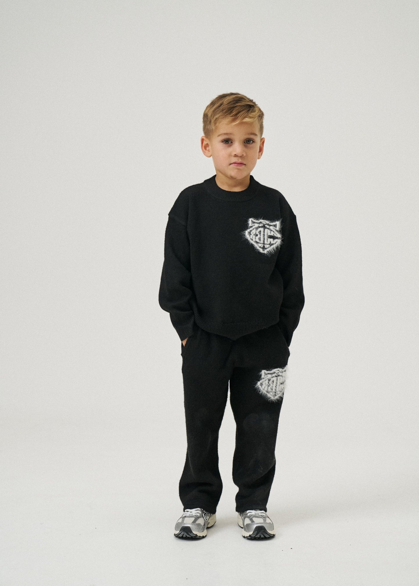 Kids Monogram Emblem Fluffy Knit Joggers in Black