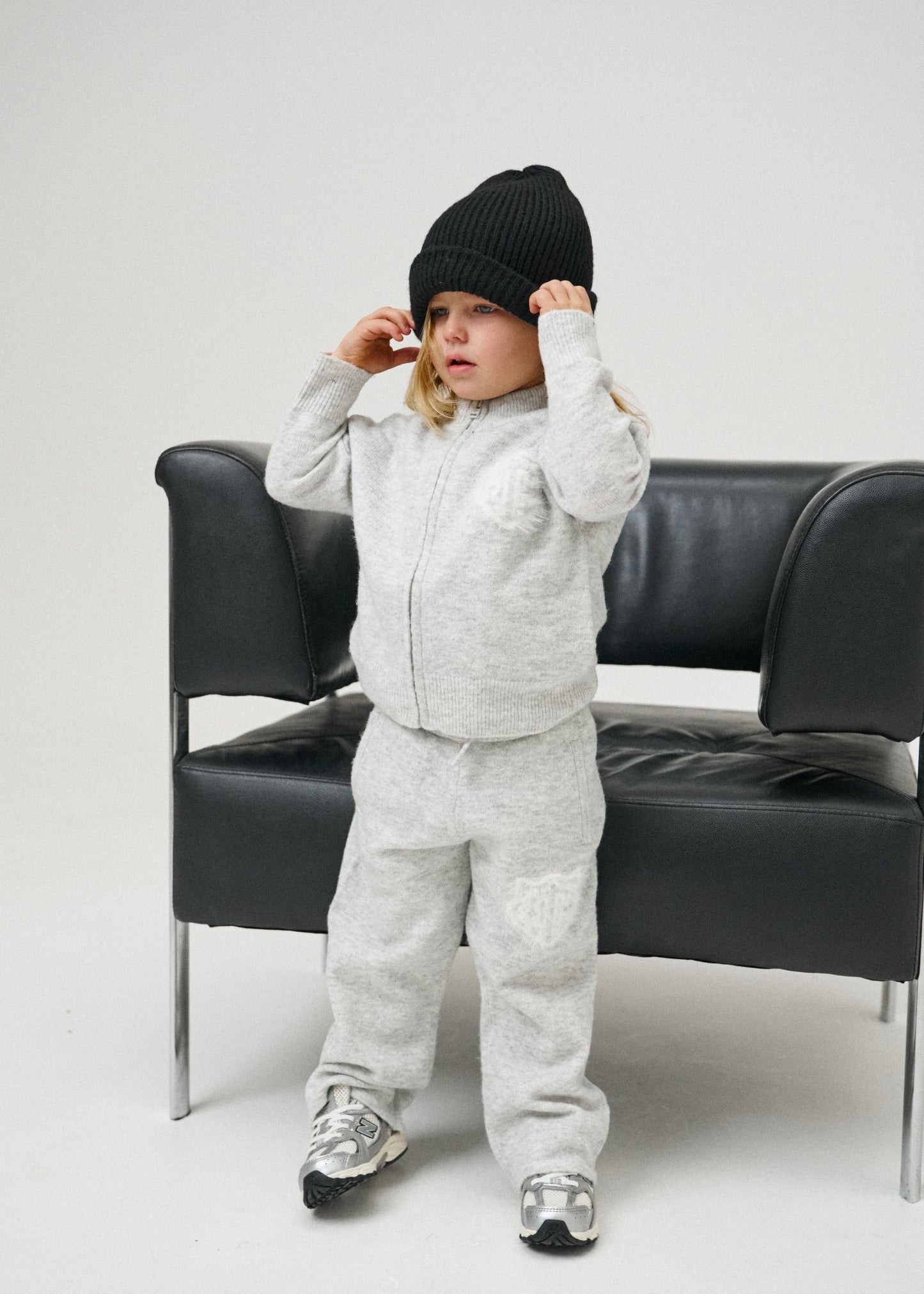 Junior Monogram Emblem Fluffy Knit Joggers Marl in Grey