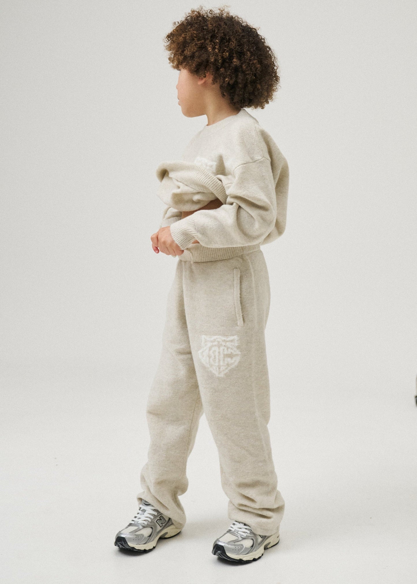 Junior Monogram Emblem Fluffy Knit Joggers in Beige