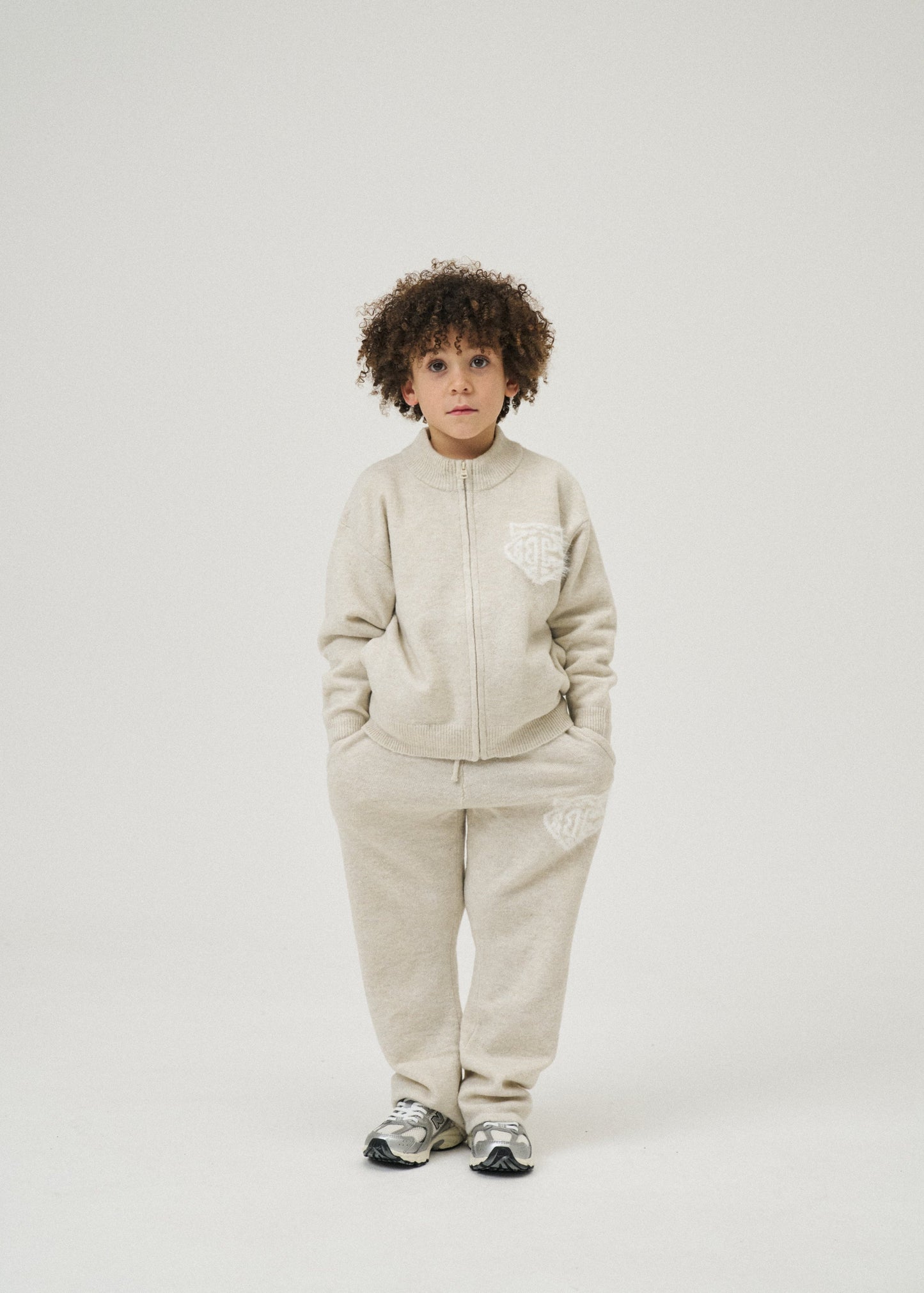 Junior Monogram Emblem Fluffy Knit Joggers in Beige