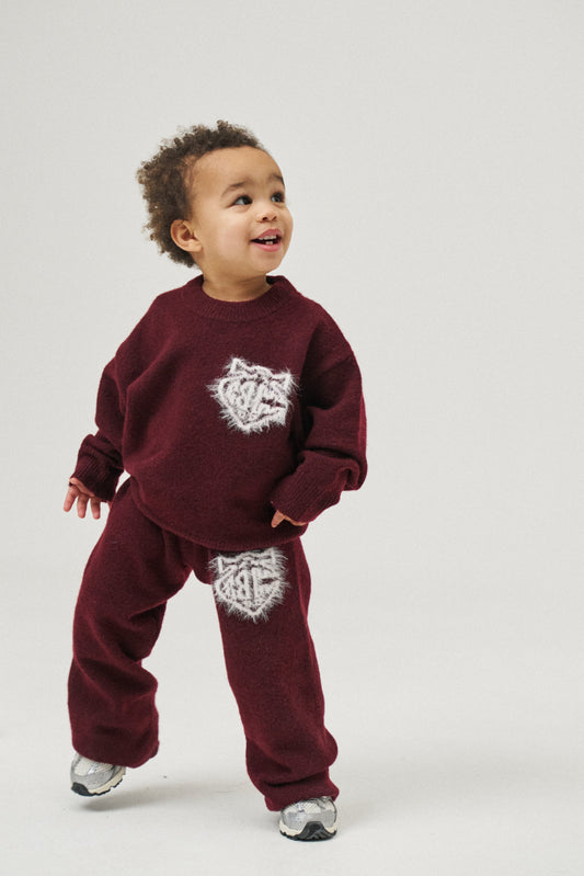 KIDS MONOGRAM FLUFFY KNIT CREW - BURGUNDY