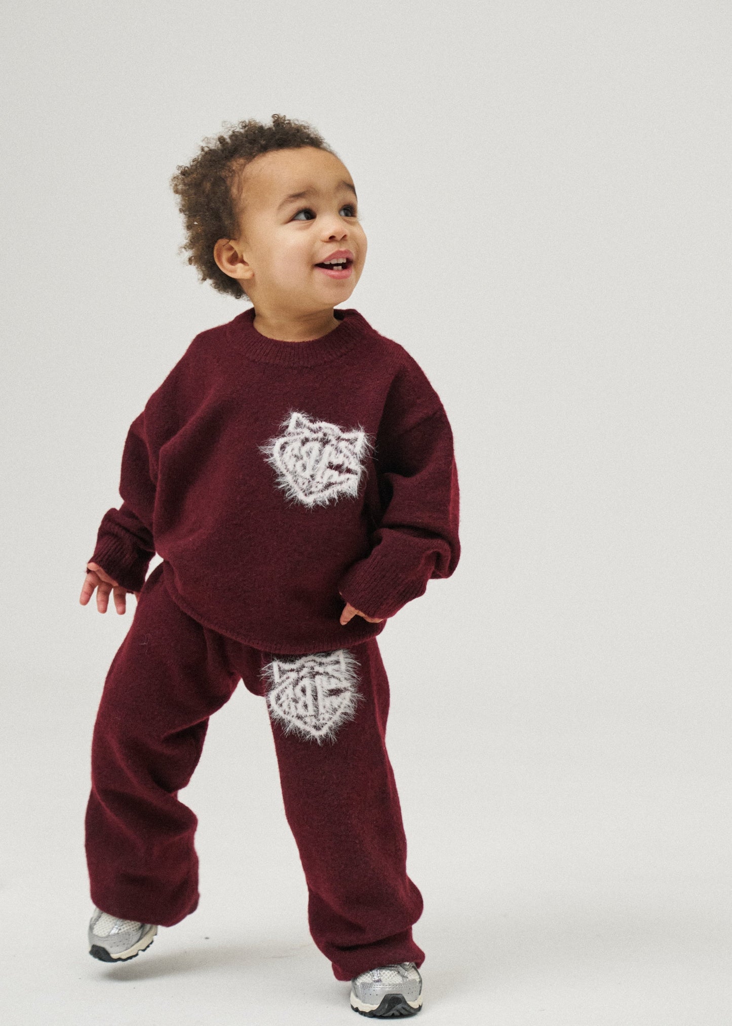Kids Monogram Emblem Fluffy Knit Joggers in Red