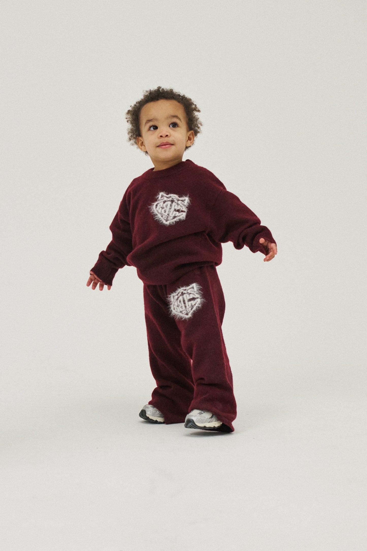 KIDS MONOGRAM FLUFFY KNIT CREW - BURGUNDY