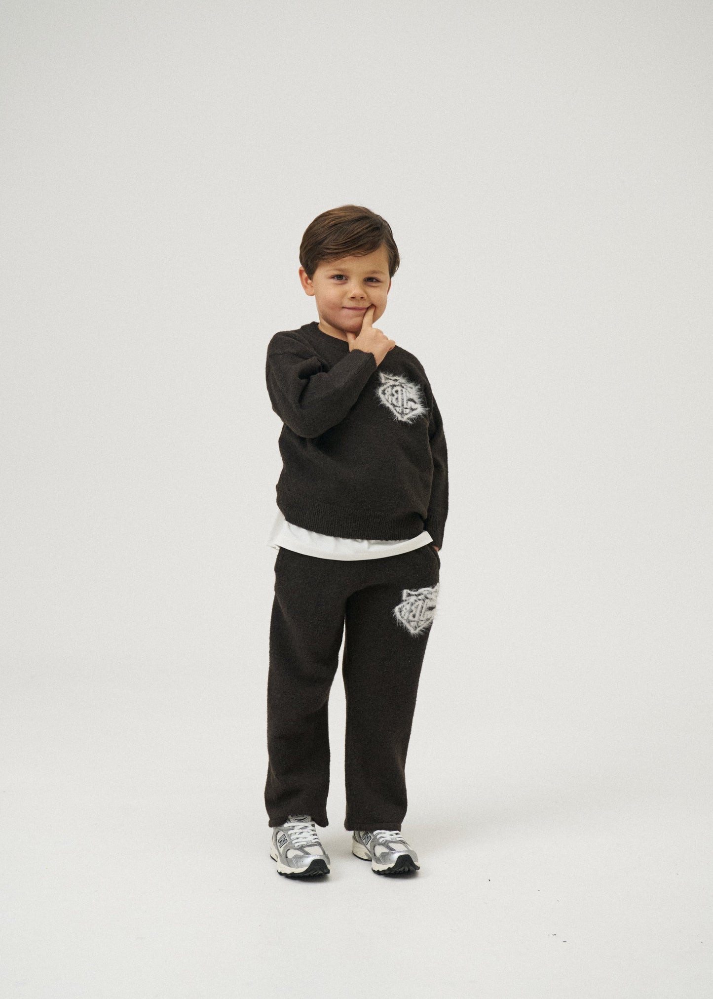Junior Monogram Emblem Fluffy Knit Joggers in Brown