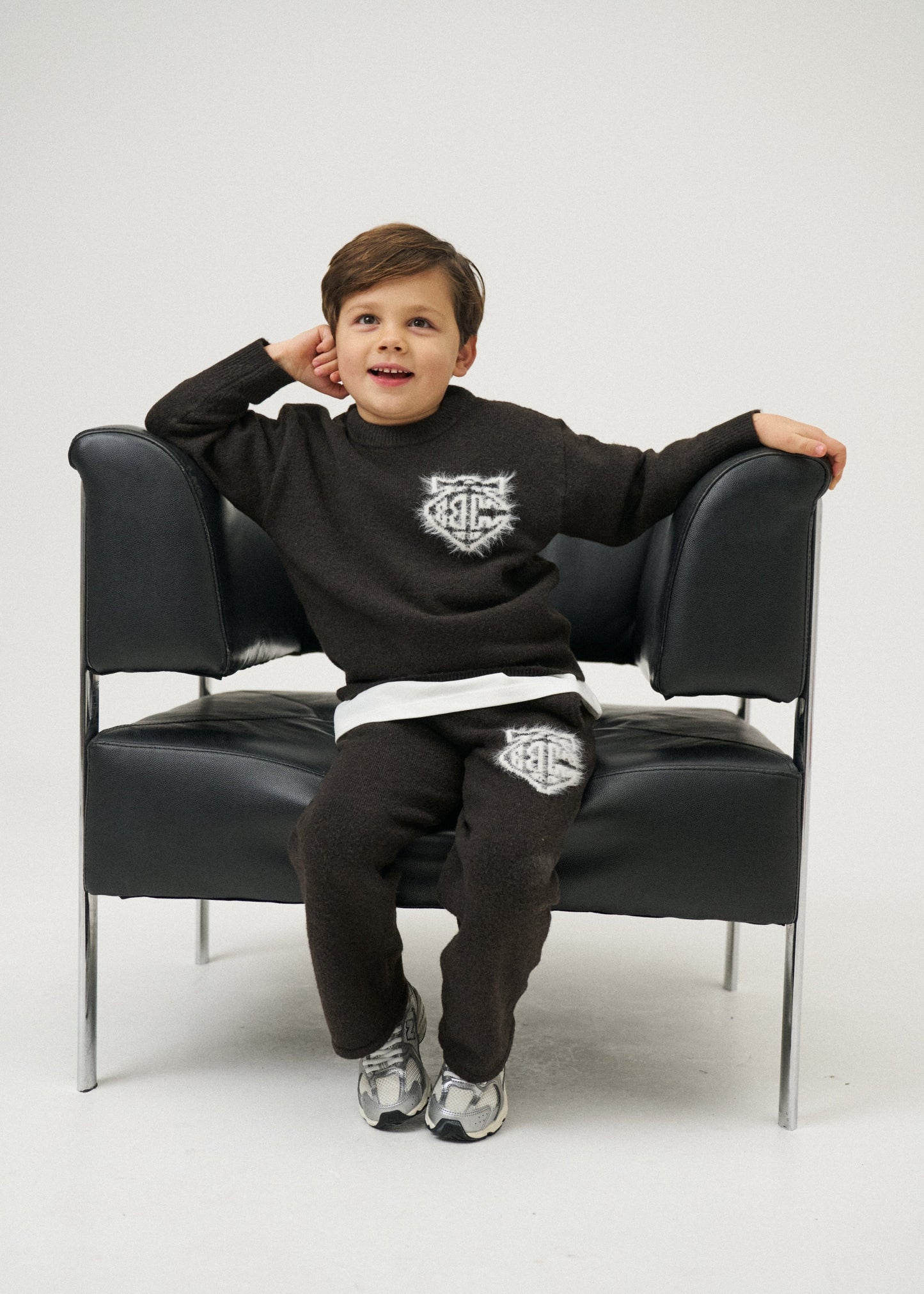 Junior Monogram Emblem Fluffy Knit Joggers in Brown