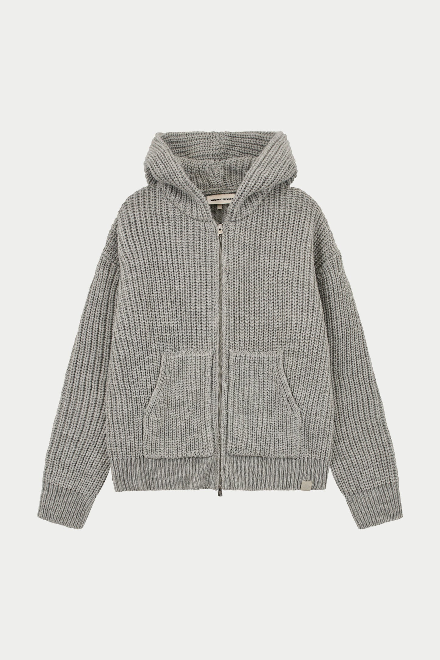 HEAVY RIB KNITTED ZIP THROUGH HOODIE - GREY MARL