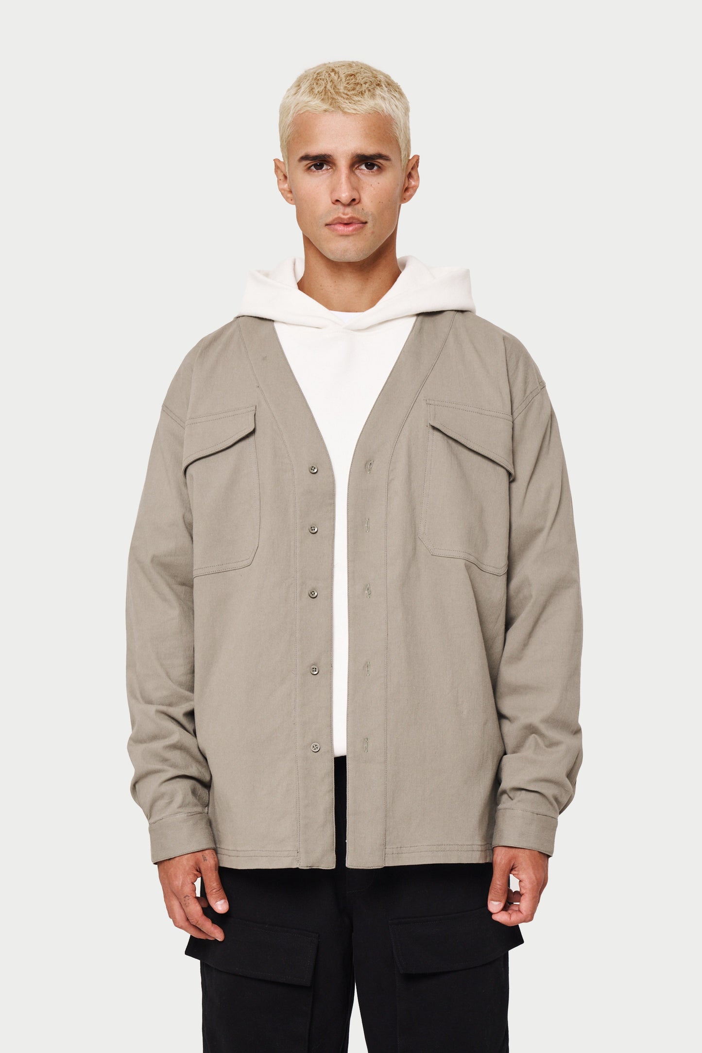 COLLARLESS STITCH DETAIL SHIRT - KHAKI
