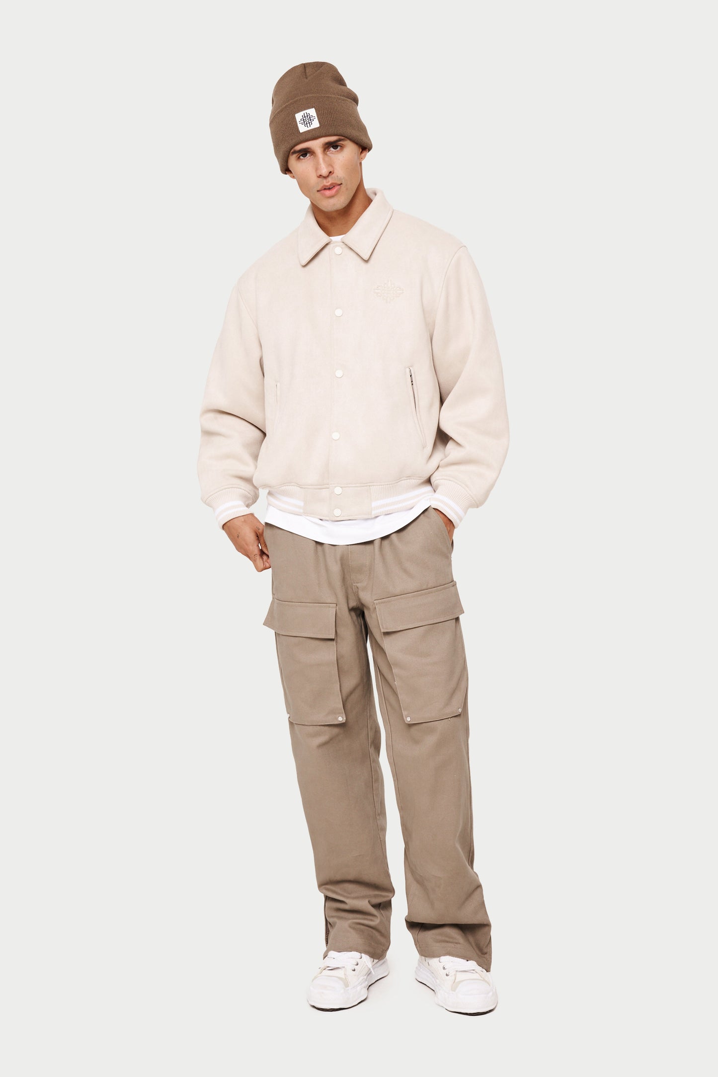 SUEDE VARSITY JACKET - STONE