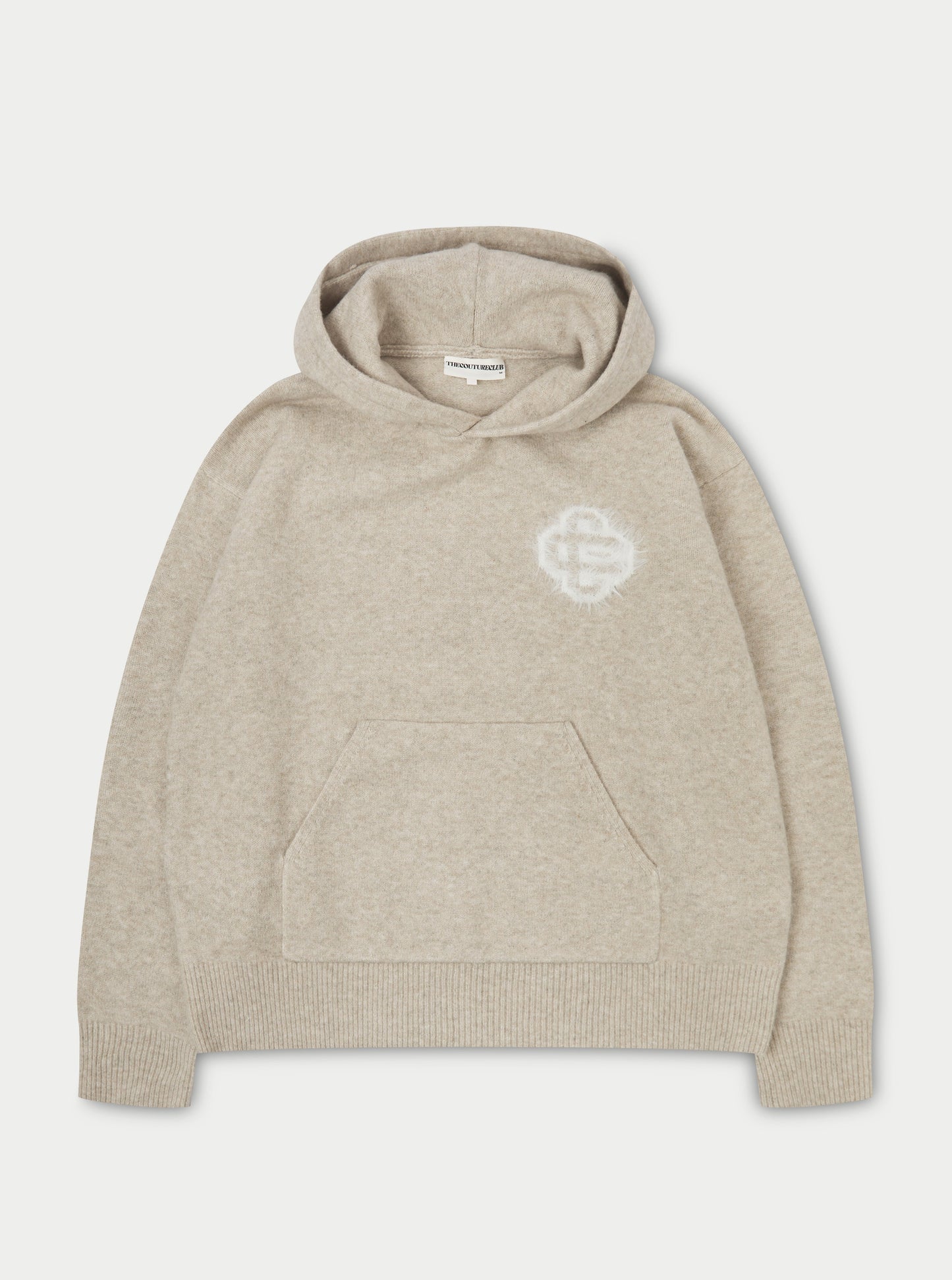 FLUFFY EMBLEM KNITTED HOODIE - BEIGE