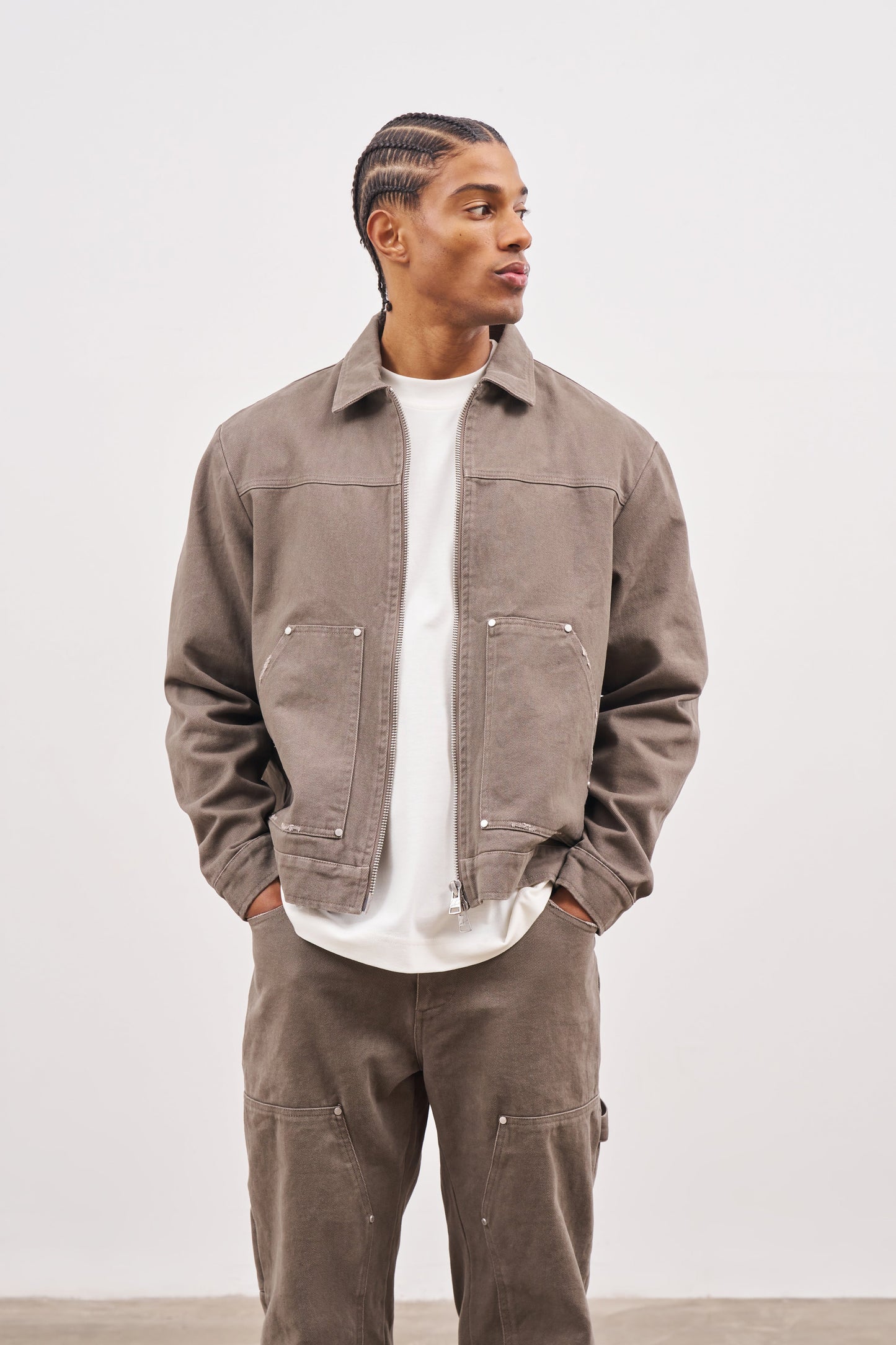 TWILL RIVET DETAIL CARPENTER JACKET - BROWN