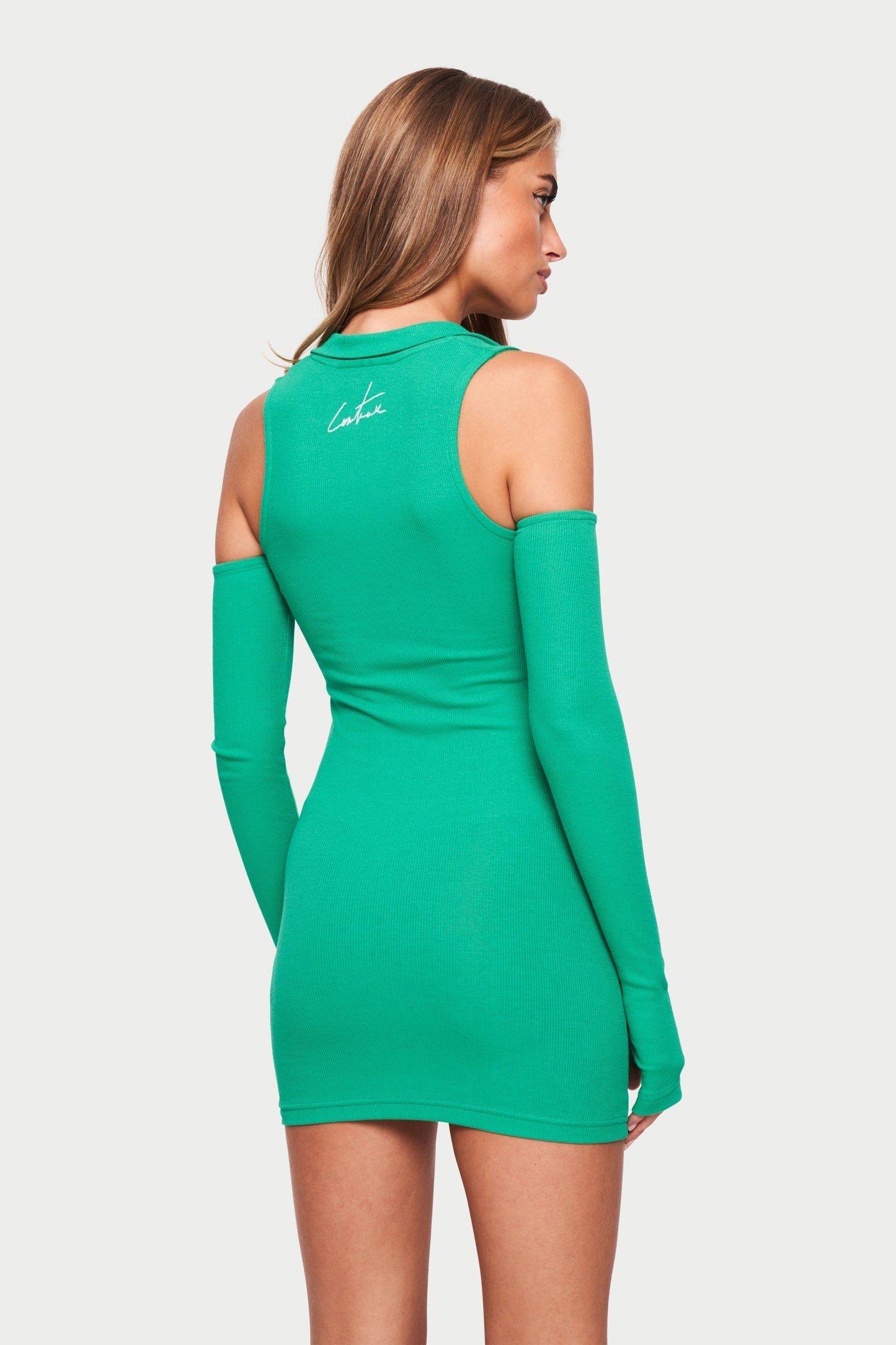 COLLAR DETAIL RIBBED MINI DRESS - GREEN *