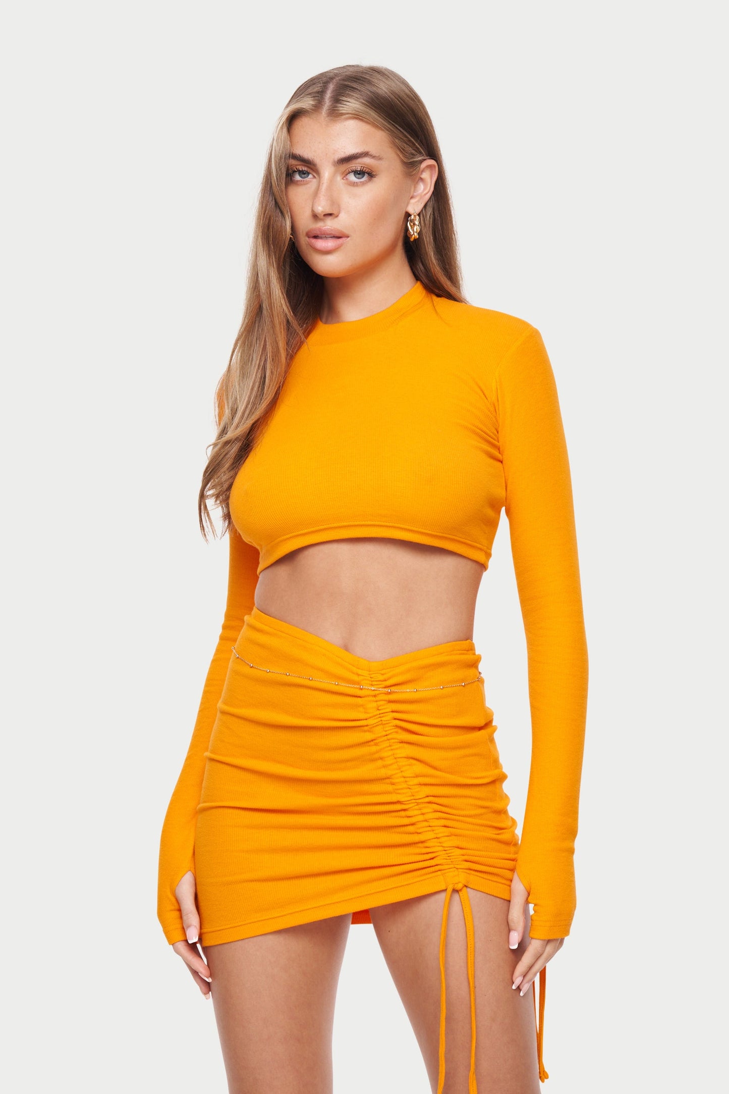 RIBBED RUCHED DETAIL LONG SLEEVE TOP - ORANGE *