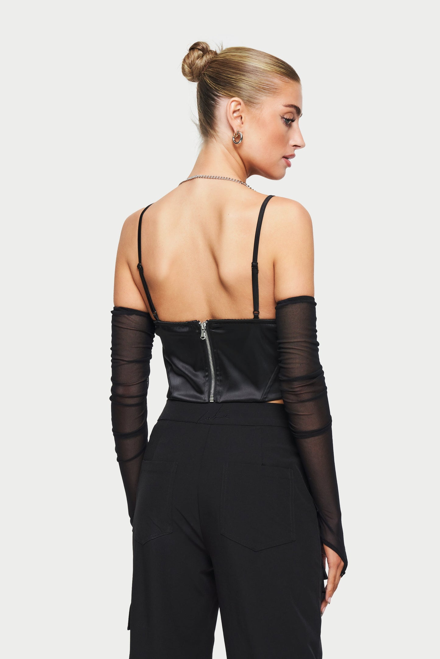 CORSET SATIN TOP WITH REMOVABLE MESH SLEEVES - BLACK