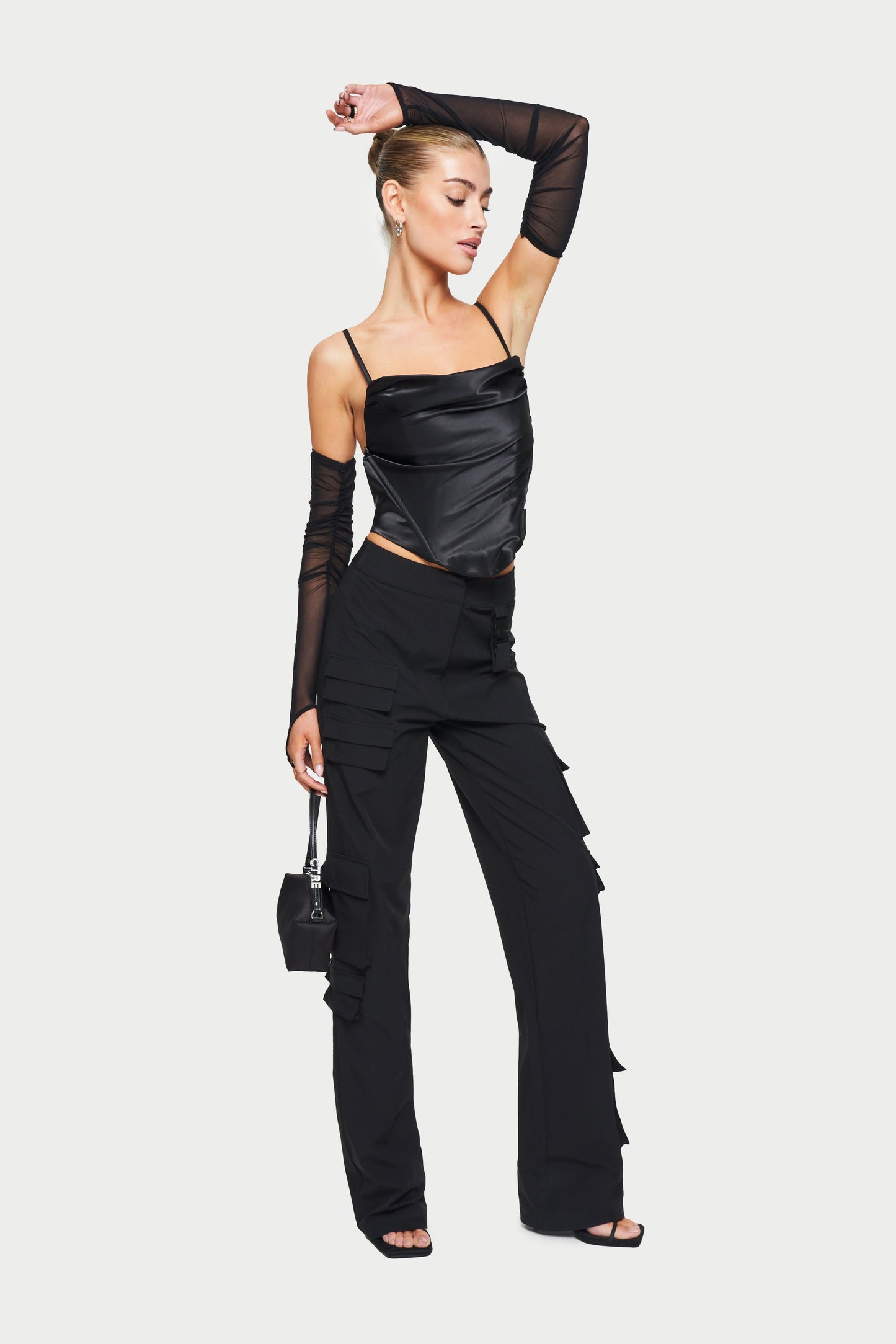 CORSET SATIN TOP WITH REMOVABLE MESH SLEEVES - BLACK