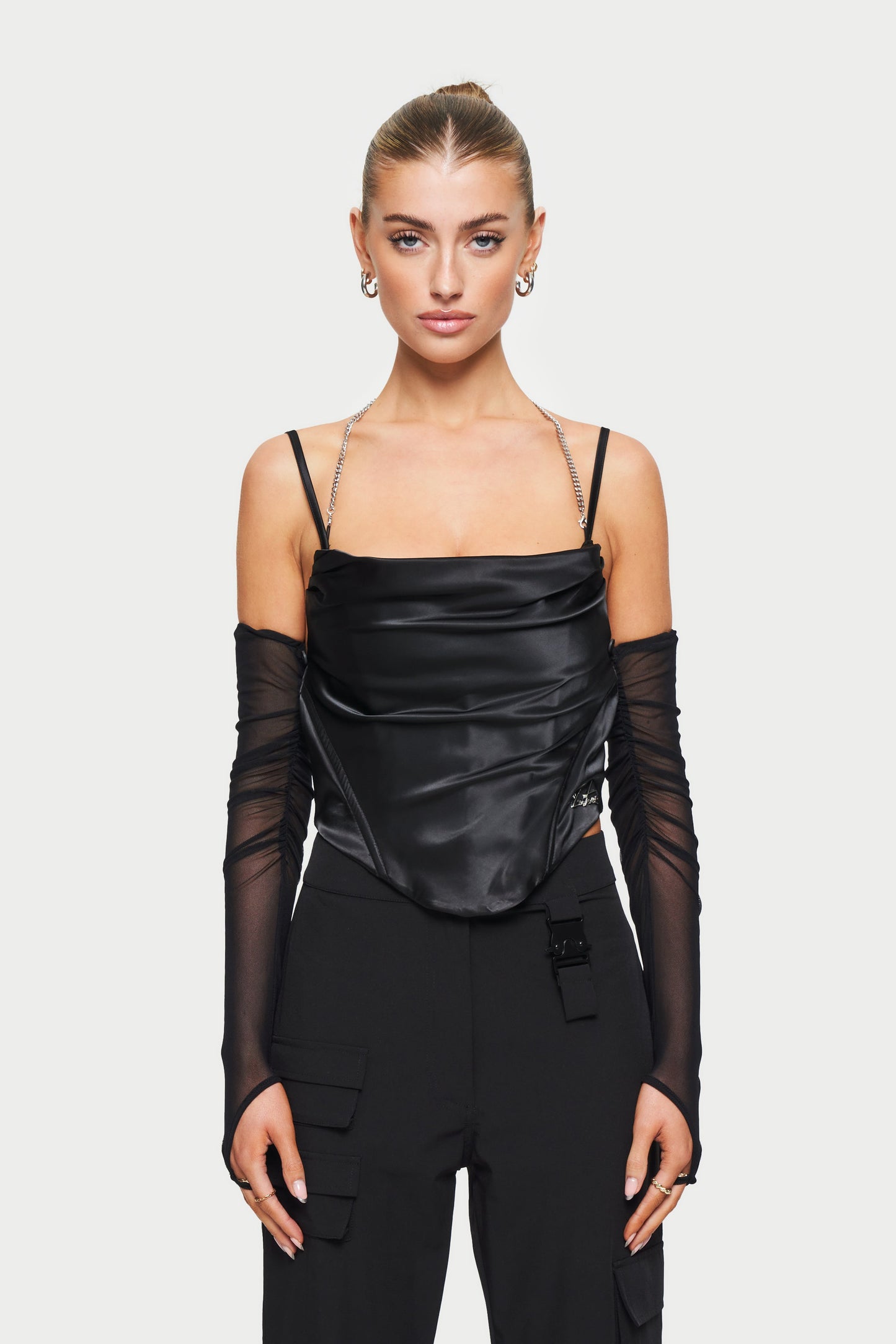 CORSET SATIN TOP WITH REMOVABLE MESH SLEEVES - BLACK