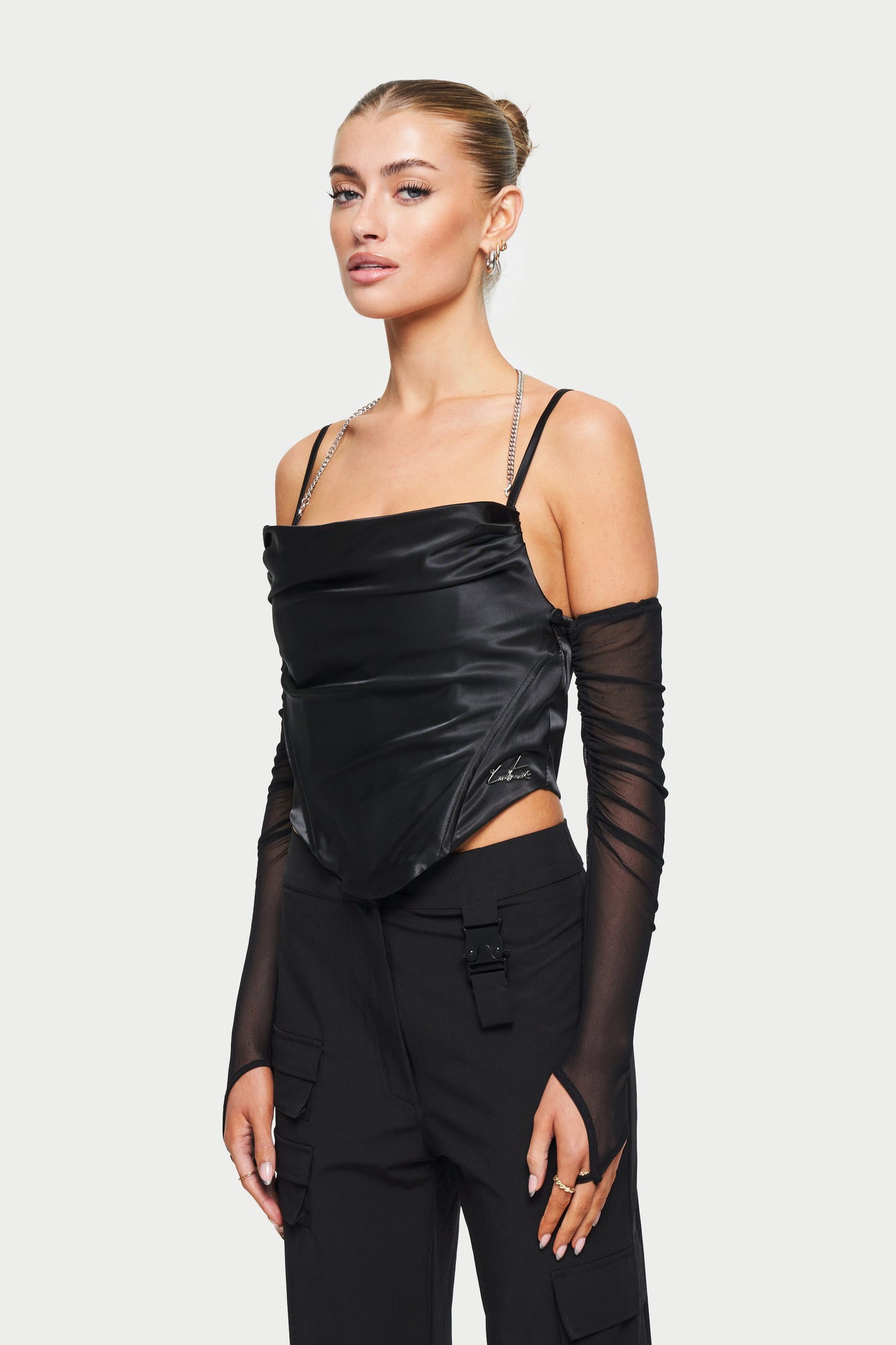 CORSET SATIN TOP WITH REMOVABLE MESH SLEEVES - BLACK