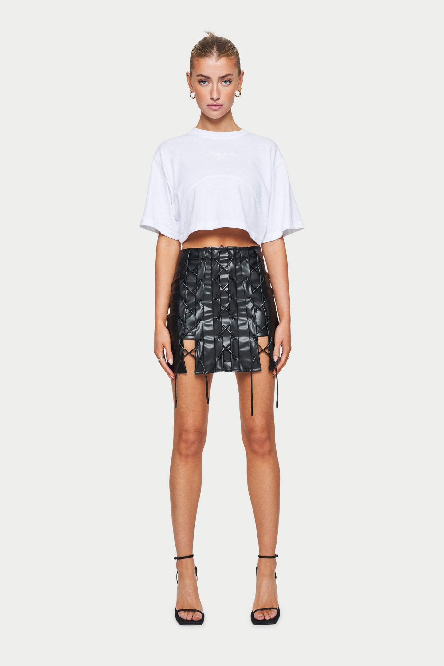 LACE UP VEGAN LEATHER SKIRT - BLACK