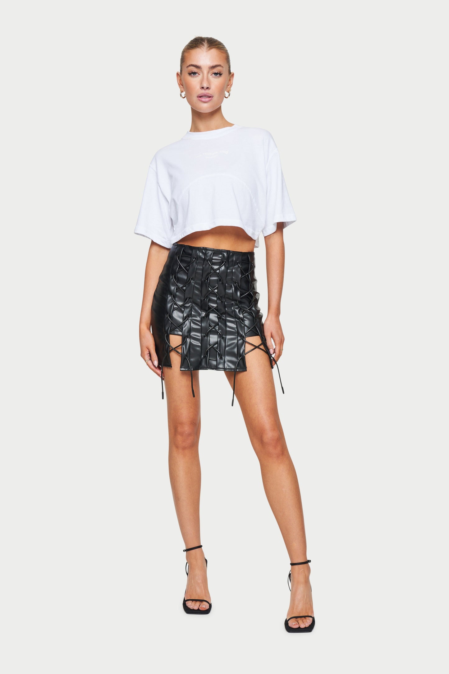 LACE UP VEGAN LEATHER SKIRT - BLACK