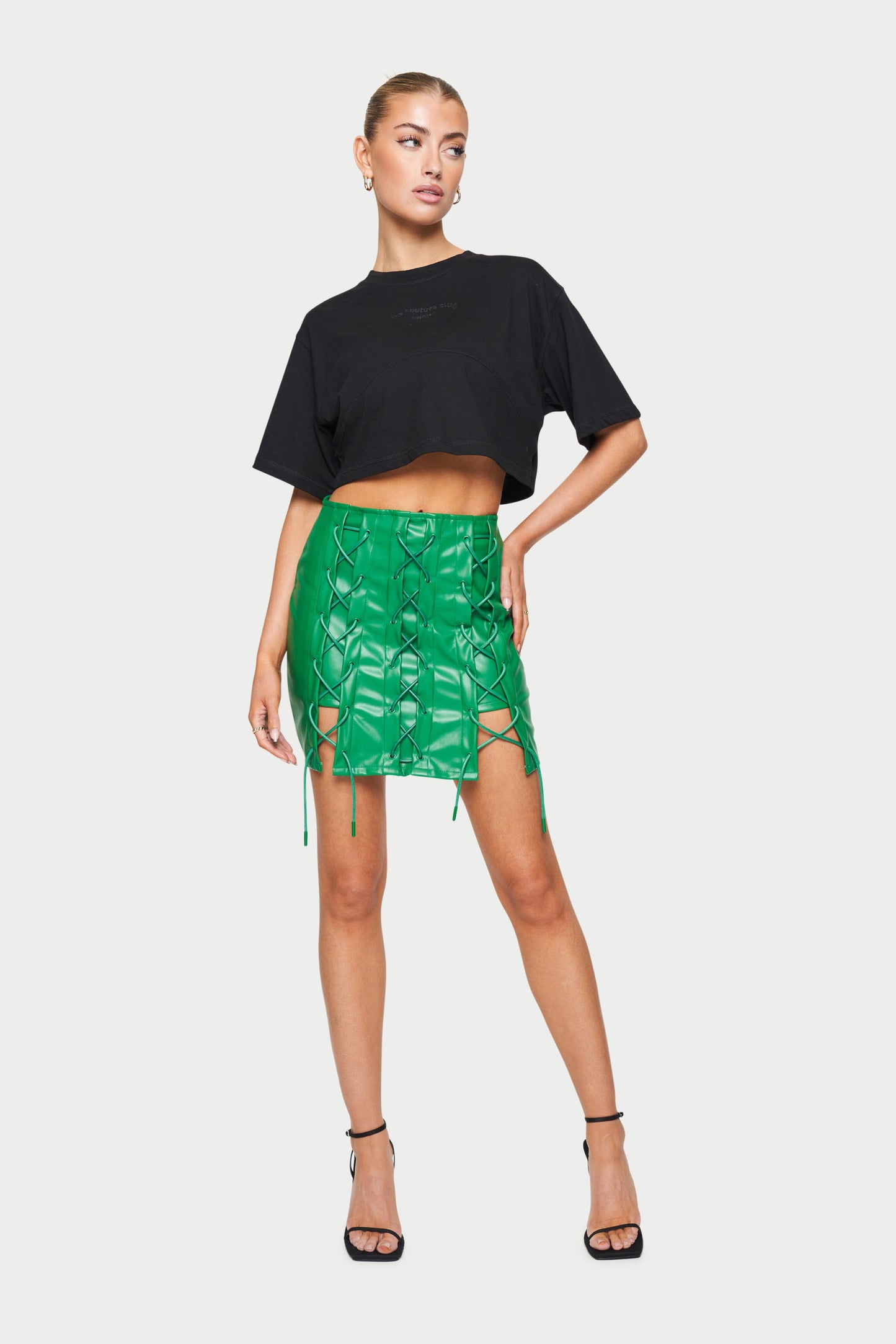 LACE UP VEGAN LEATHER SKIRT - GREEN *