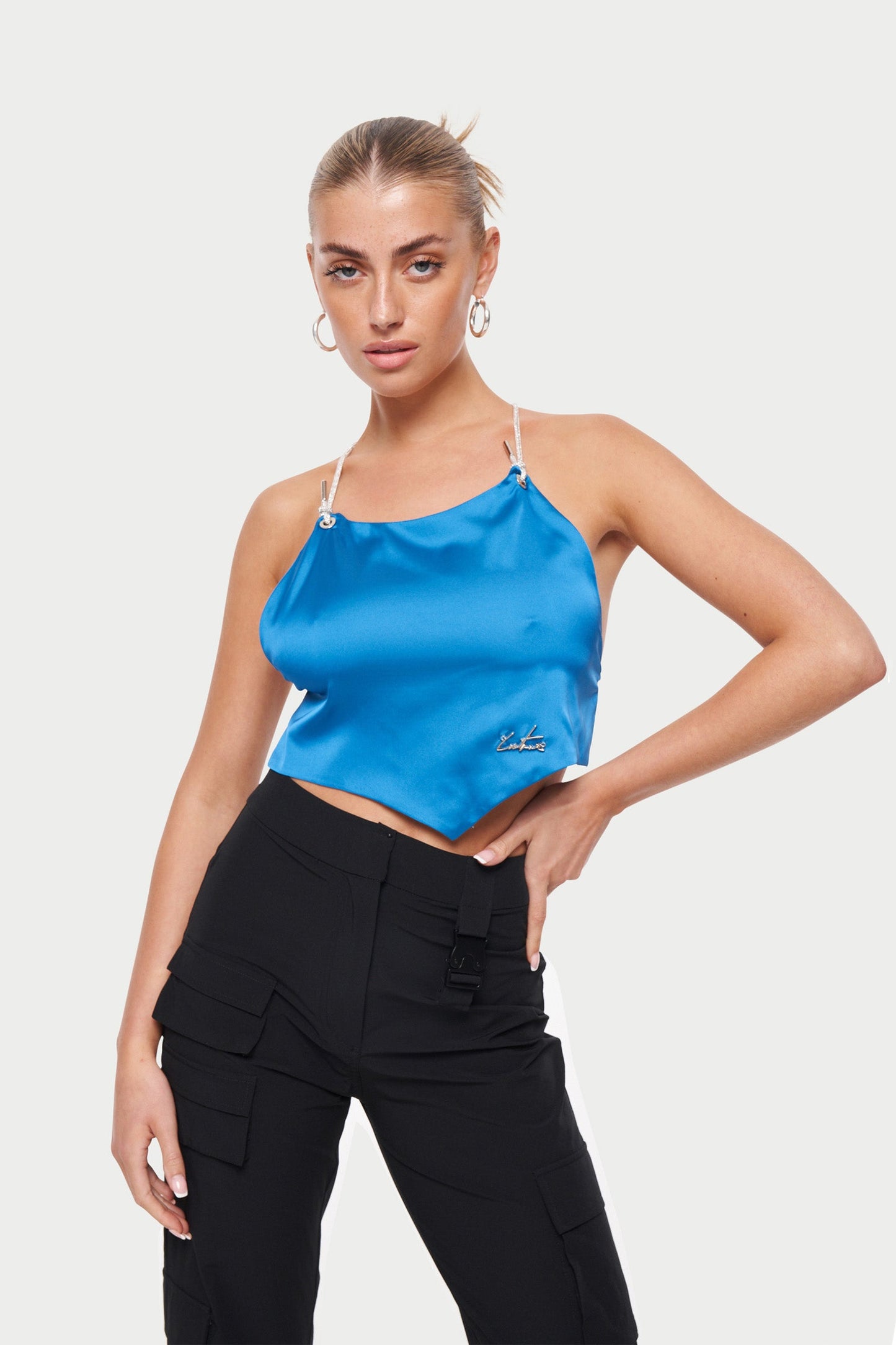 RHINESTONE SATIN TOP - BLUE *