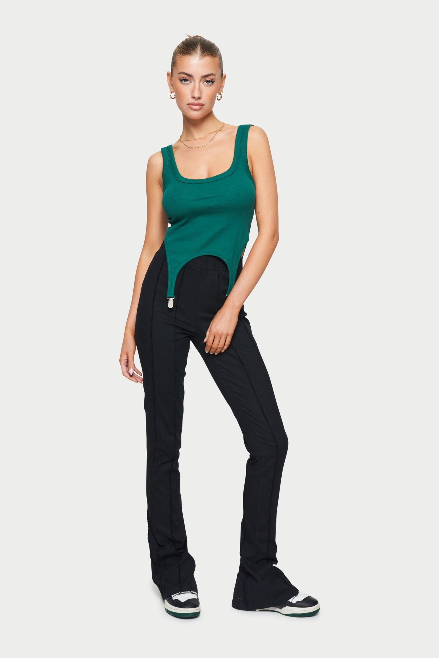 RIBBED SUSPENDER DETAIL VEST - GREEN