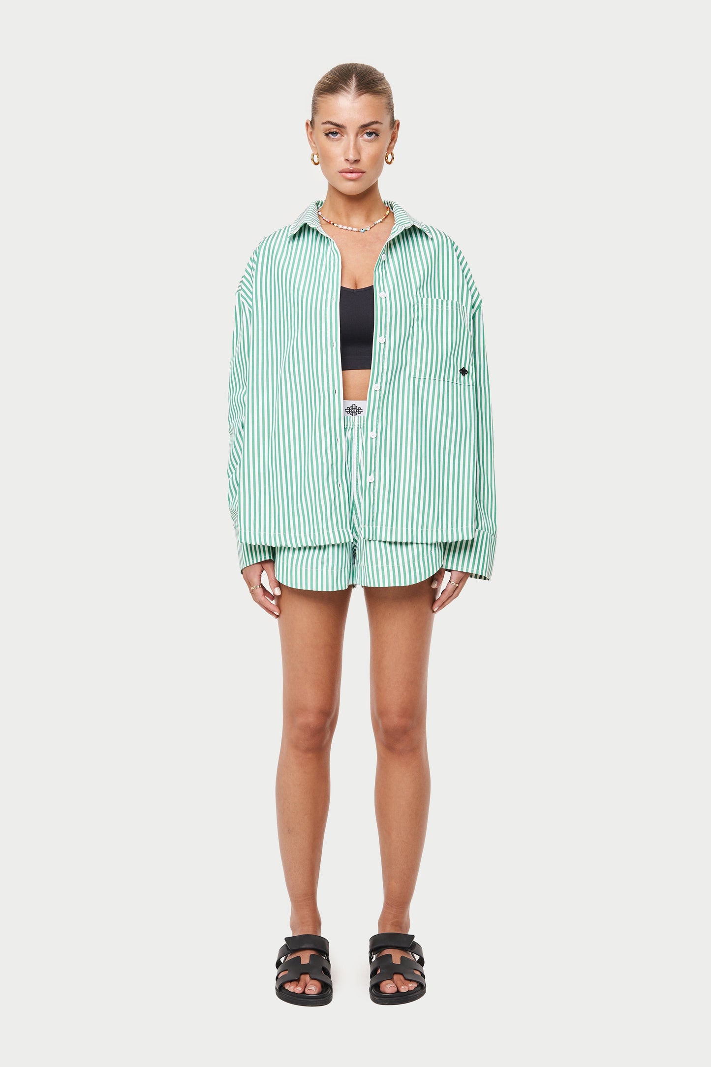 EMBLEM STRIPE OVERSIZED SHIRT - GREEN