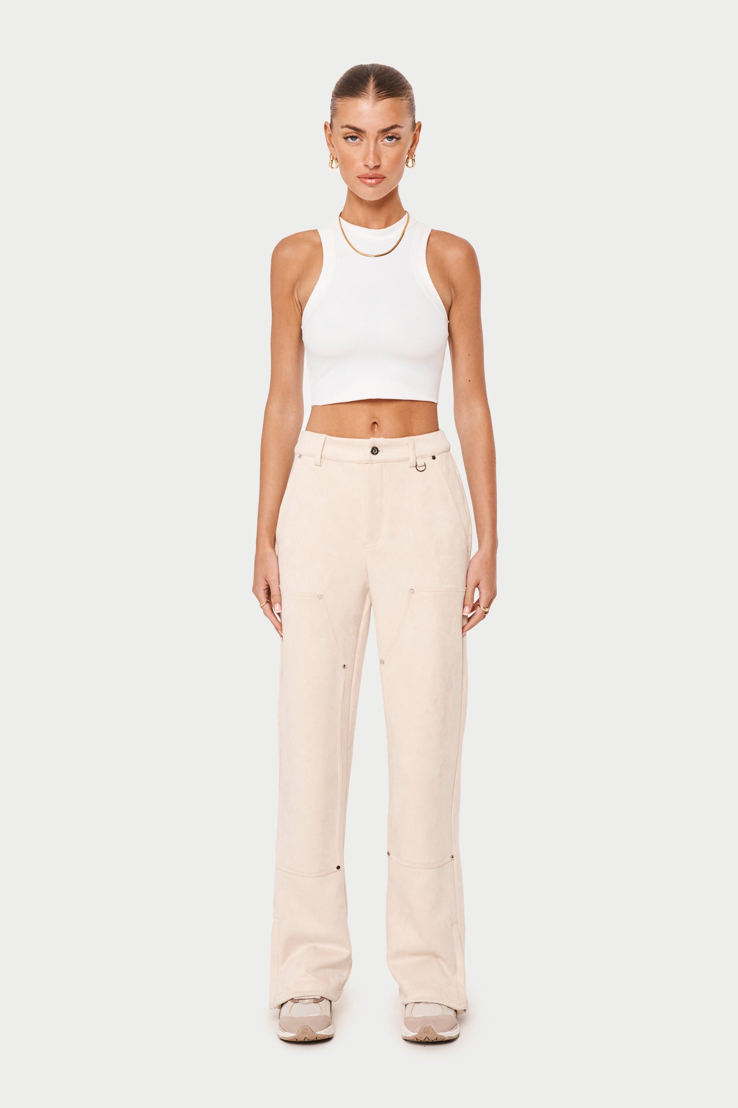 SUEDE CARPENTER STRAIGHT LEG TROUSERS - BEIGE