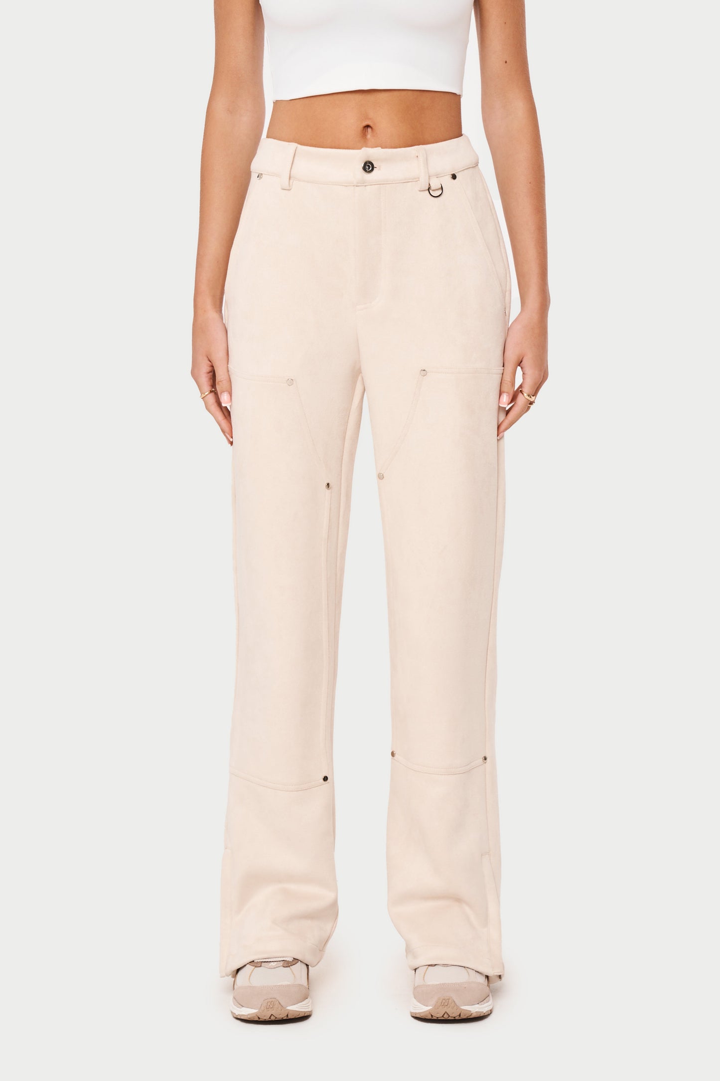 SUEDE CARPENTER STRAIGHT LEG TROUSERS - BEIGE