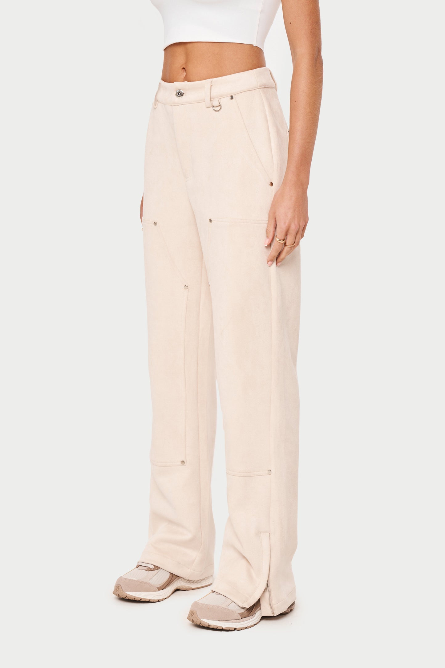 SUEDE CARPENTER STRAIGHT LEG TROUSERS - BEIGE