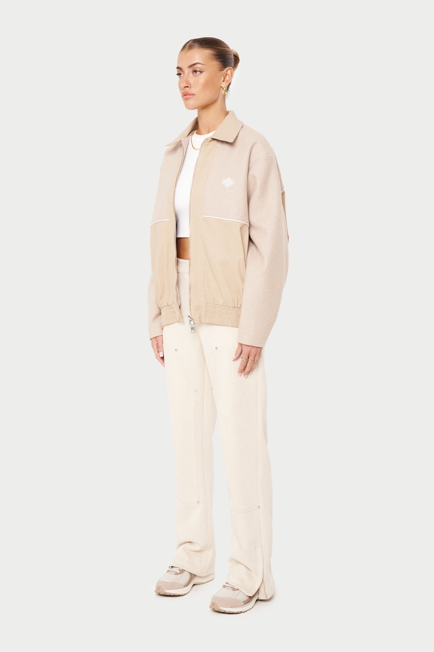 TWEED PANELLED BOMBER JACKET - BEIGE