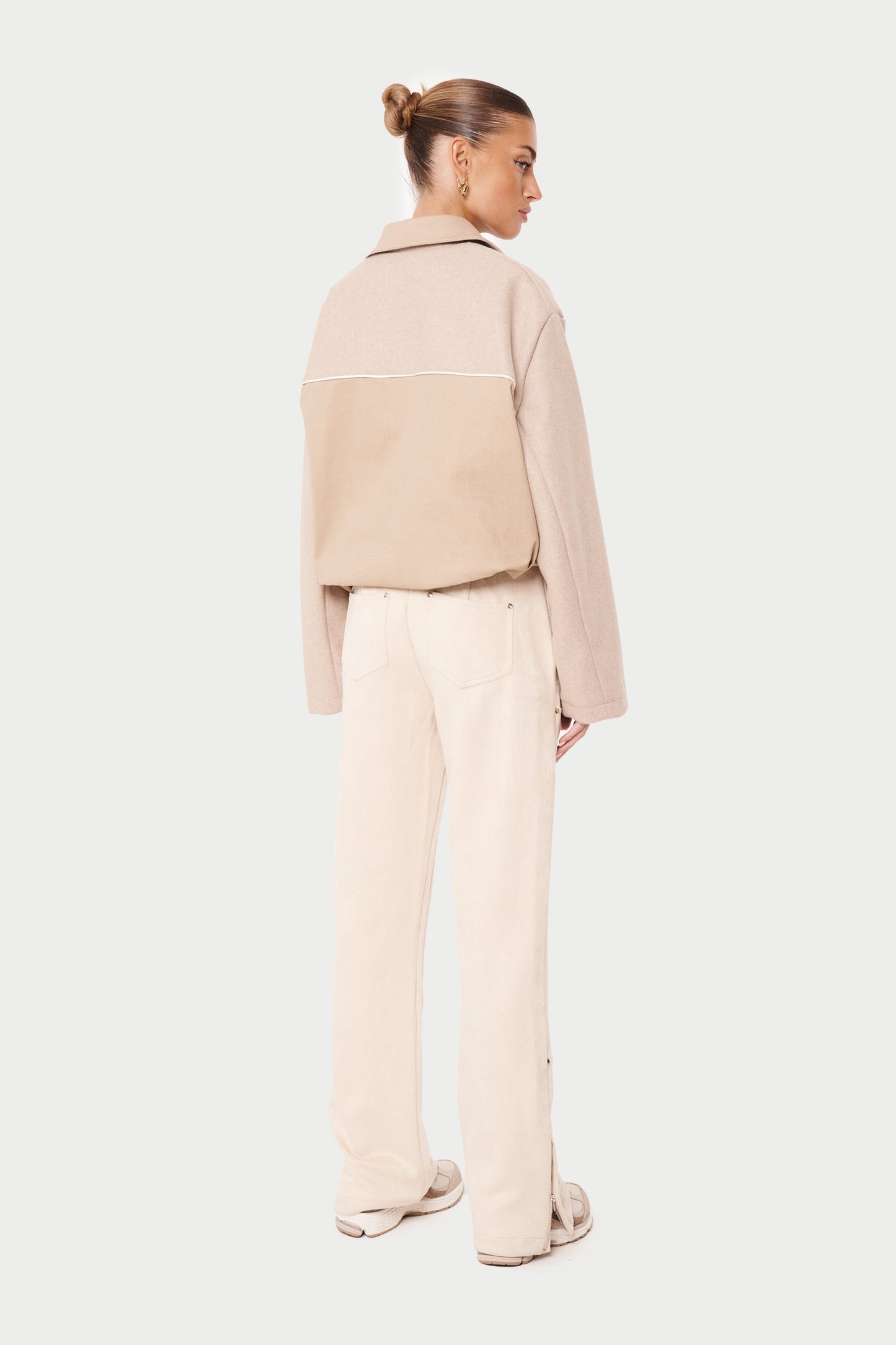 TWEED PANELLED BOMBER JACKET - BEIGE