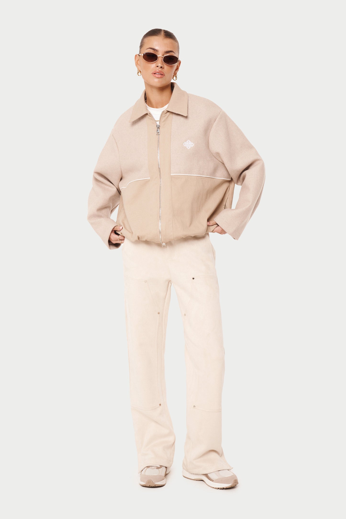 TWEED PANELLED BOMBER JACKET - BEIGE