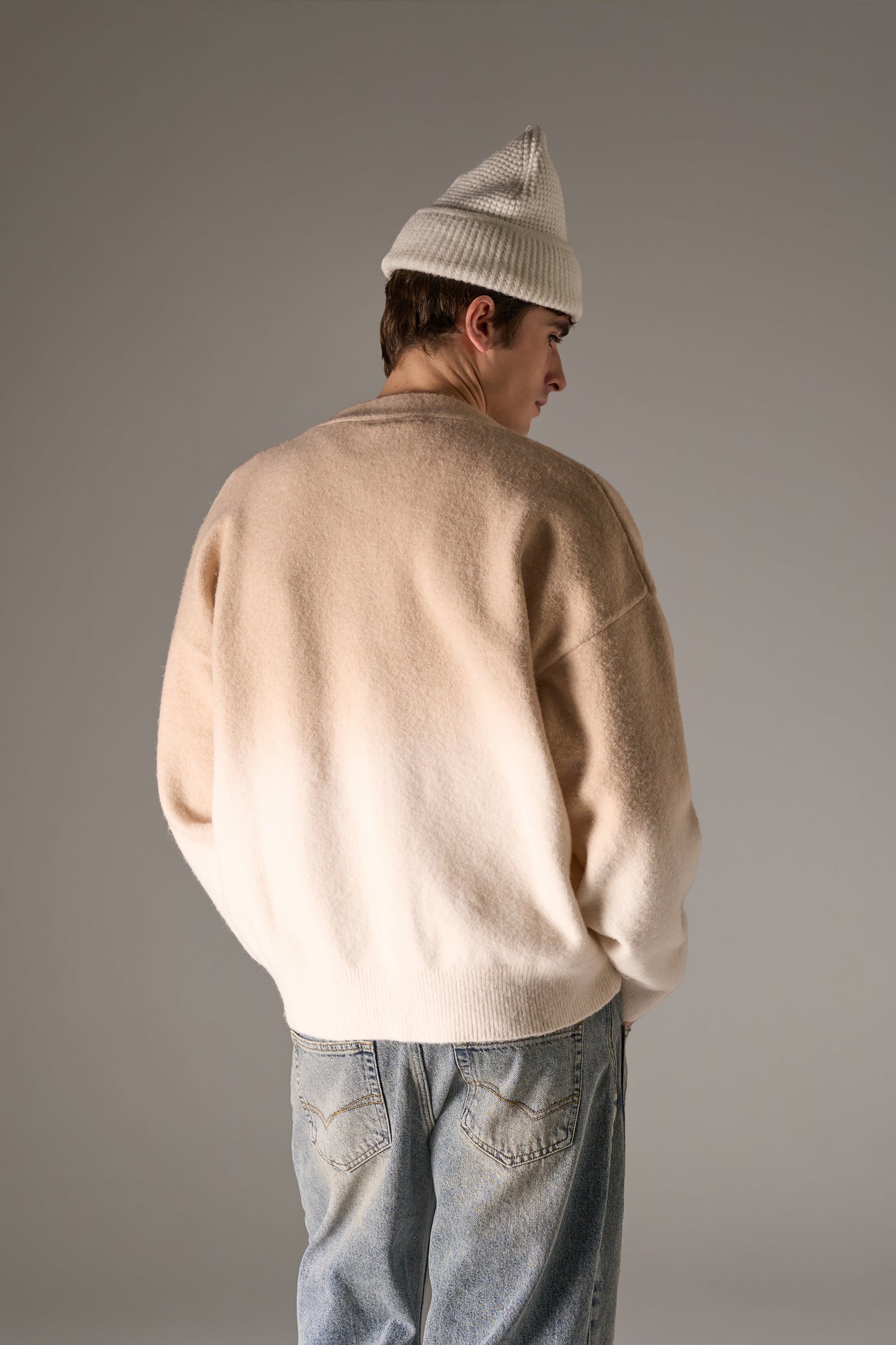 OMBRE KNITTED EMBROIDERY CARDIGAN - BEIGE