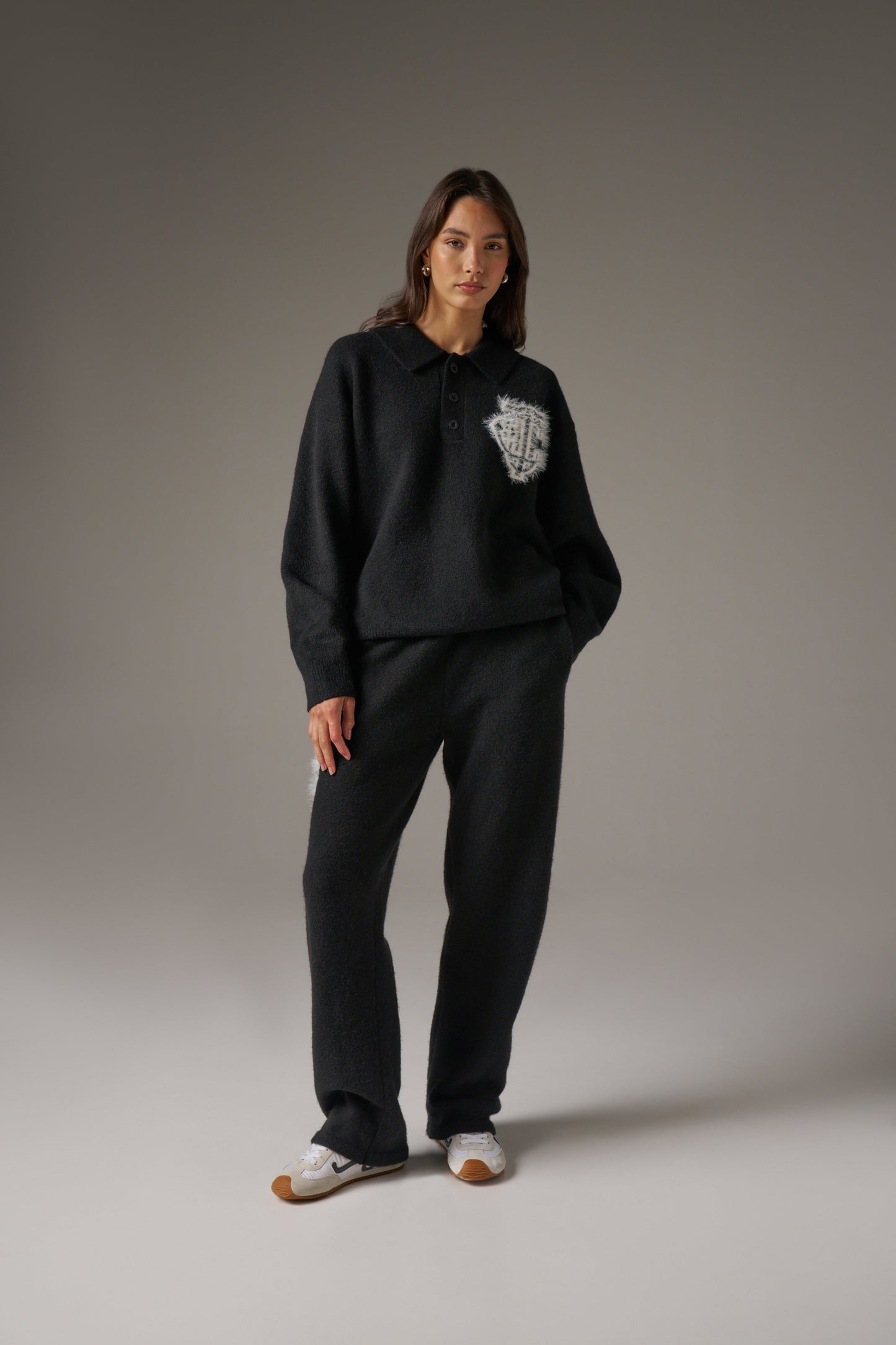 MONOGRAM FLUFFY KNIT POLO - BLACK