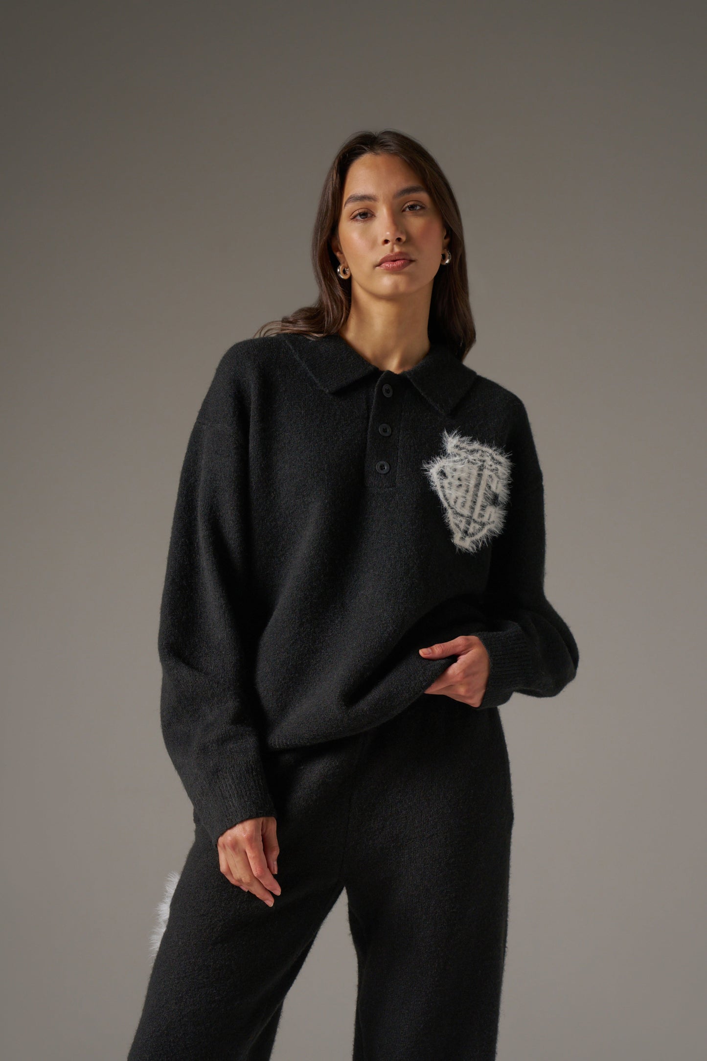 MONOGRAM FLUFFY KNIT POLO - BLACK