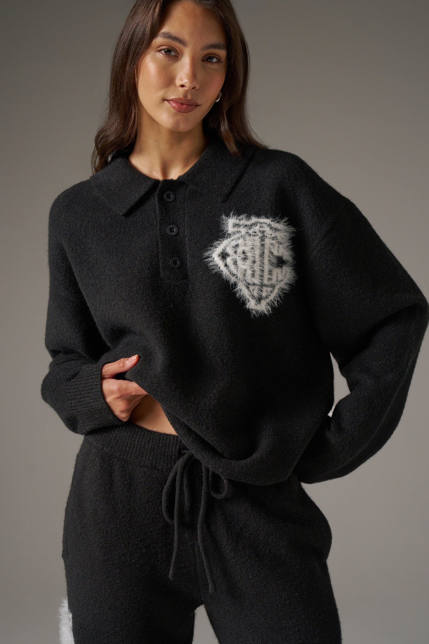 MONOGRAM FLUFFY KNIT POLO - BLACK