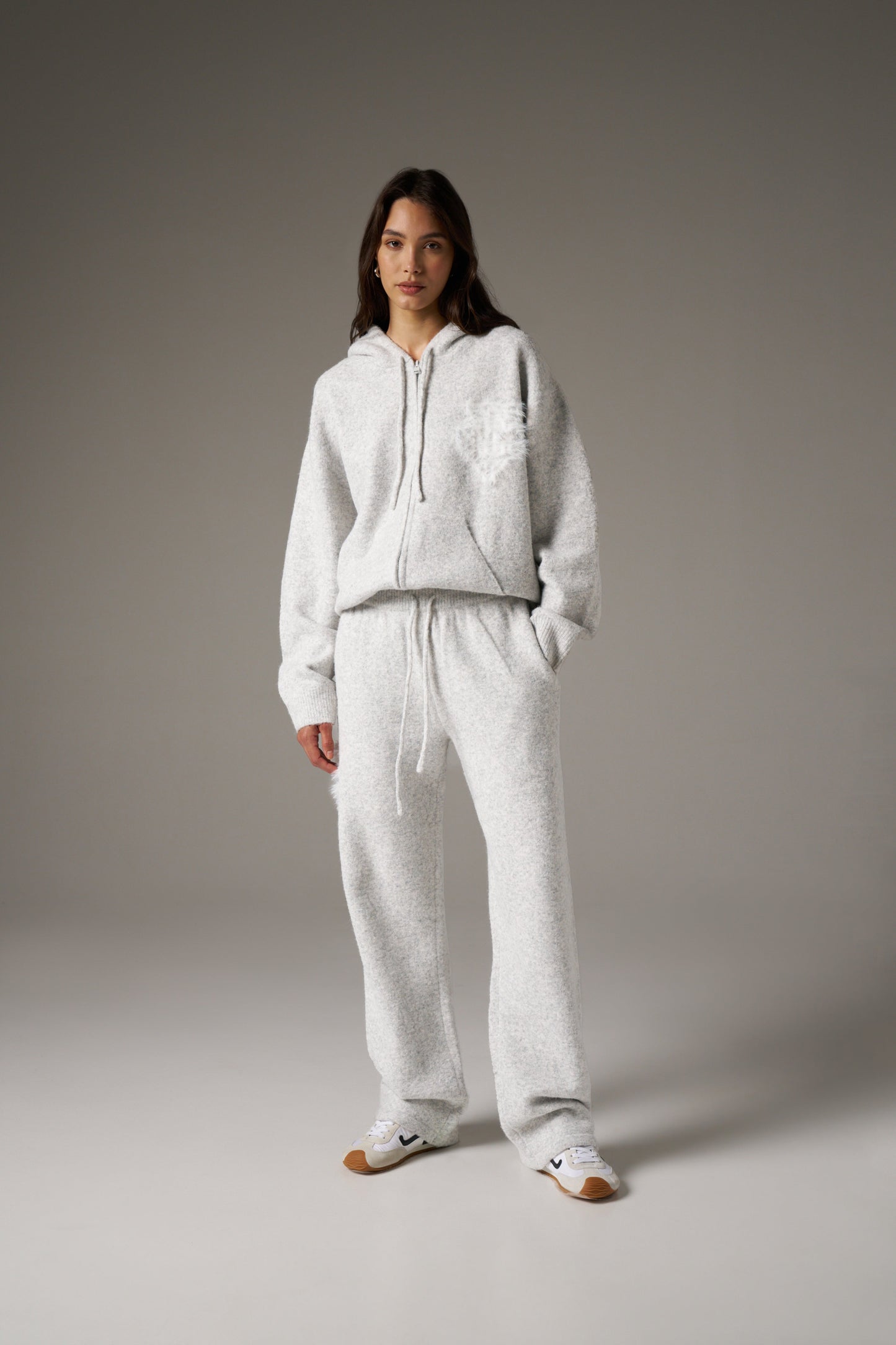 MONOGRAM FLUFFY KNIT ZIP THROUGH HOODIE - GREY MARL