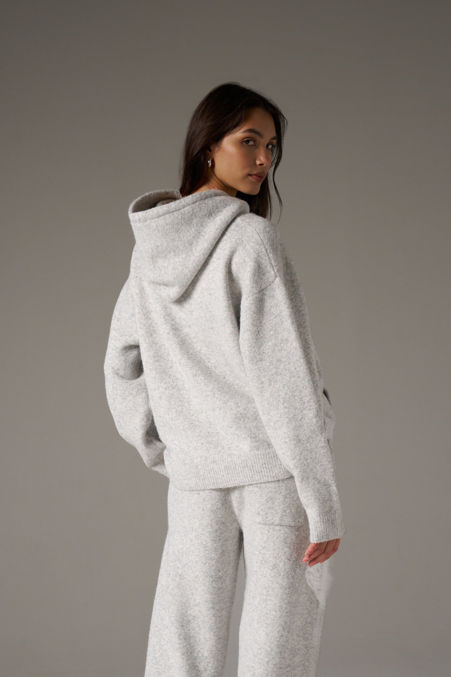 MONOGRAM FLUFFY KNIT ZIP THROUGH HOODIE - GREY MARL