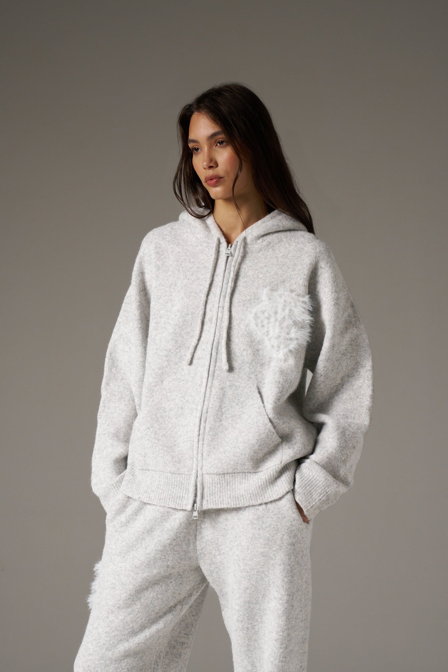 MONOGRAM FLUFFY KNIT ZIP THROUGH HOODIE - GREY MARL