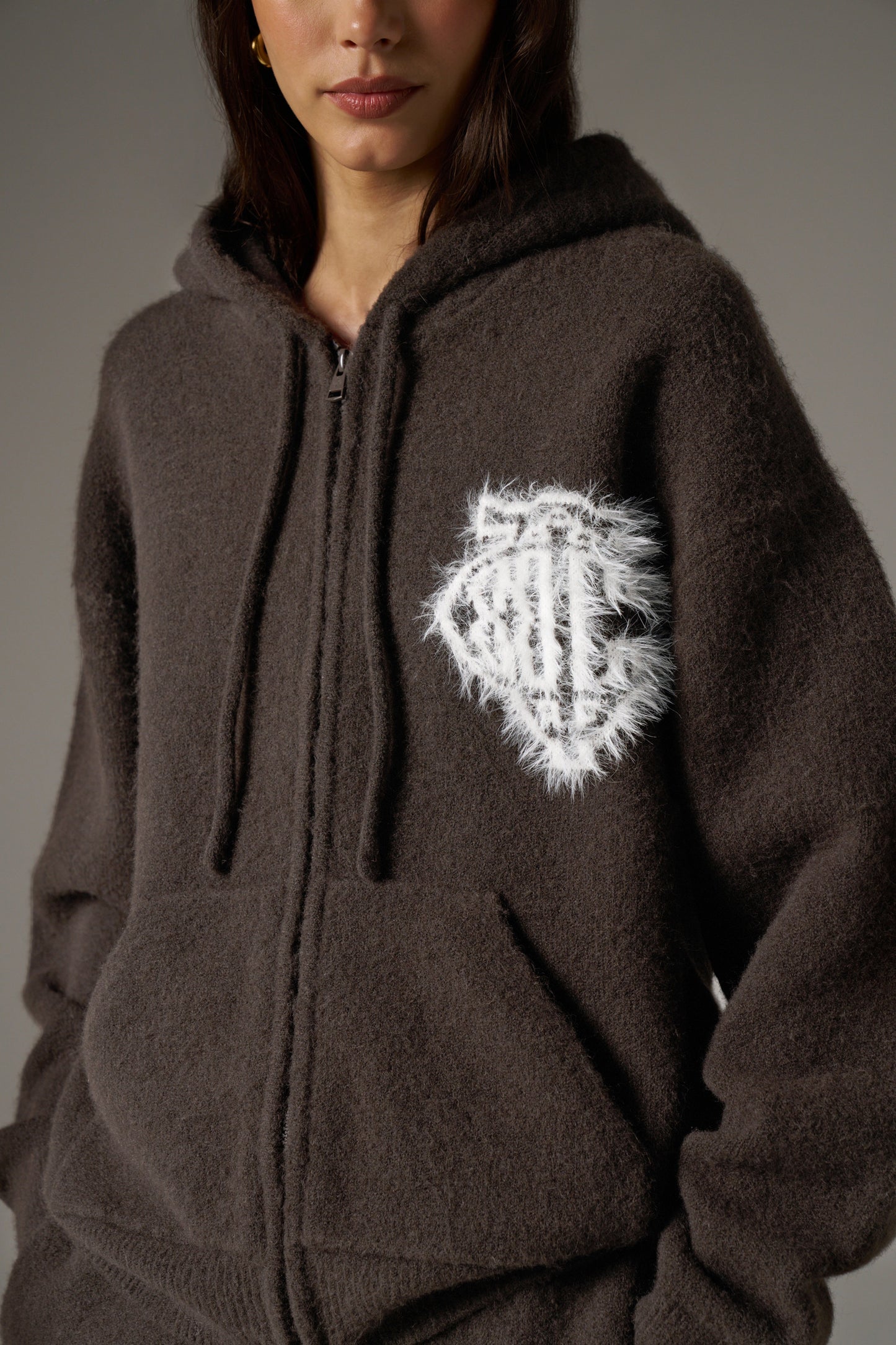MONOGRAM FLUFFY KNIT ZIP THROUGH HOODIE - BROWN