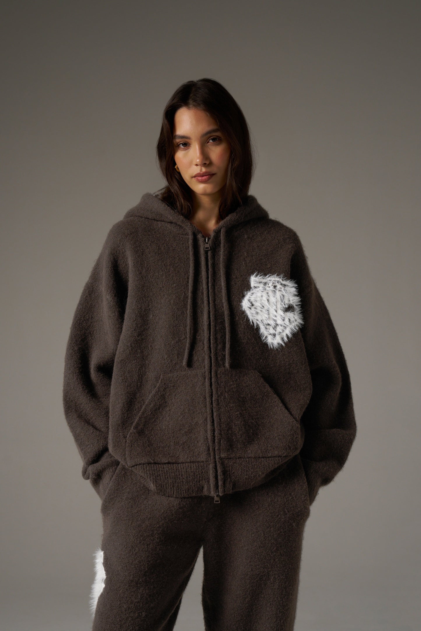 MONOGRAM FLUFFY KNIT ZIP THROUGH HOODIE - BROWN