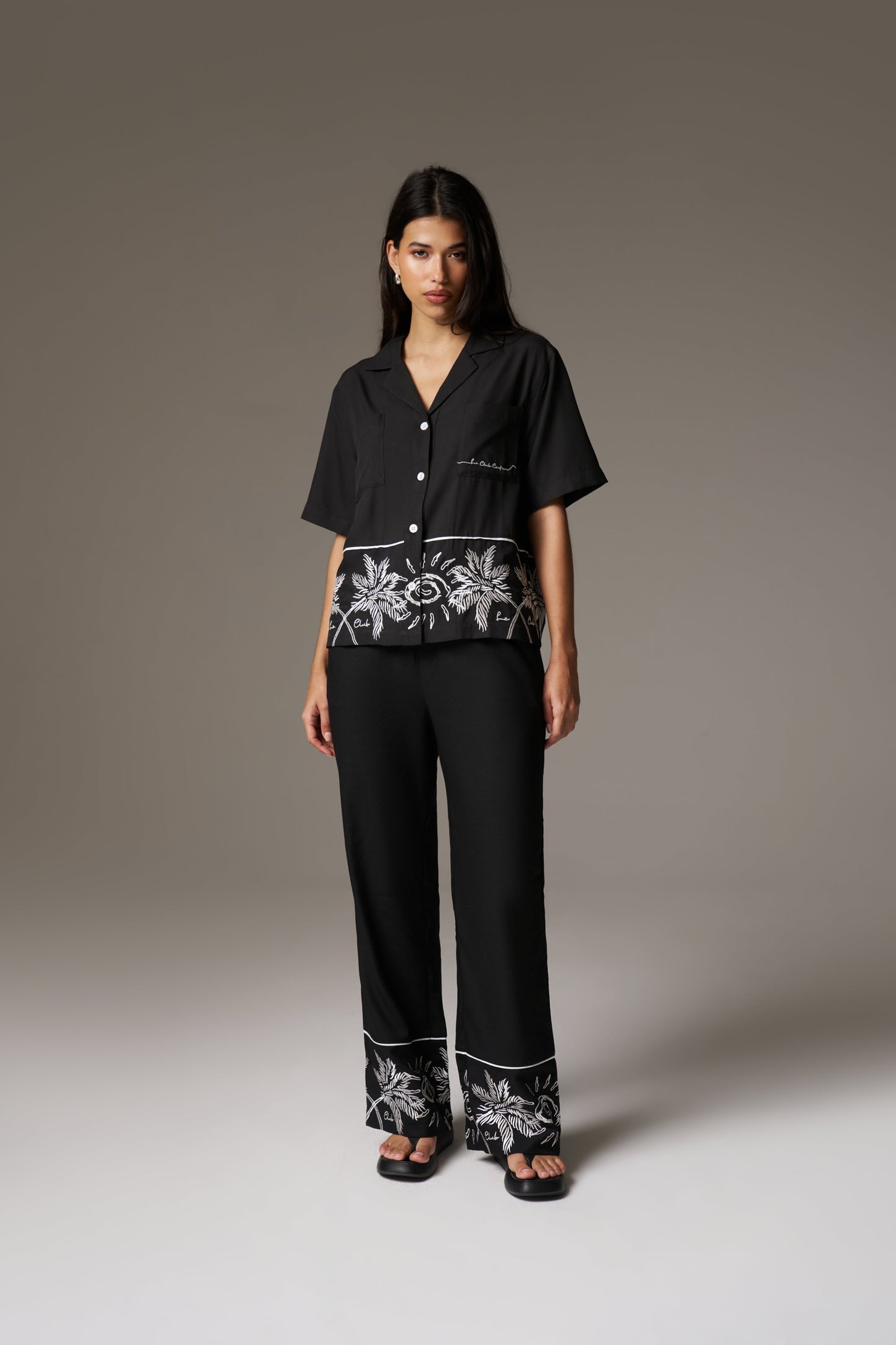 PALM EMBROIDERY WIDE LEG TROUSERS - BLACK