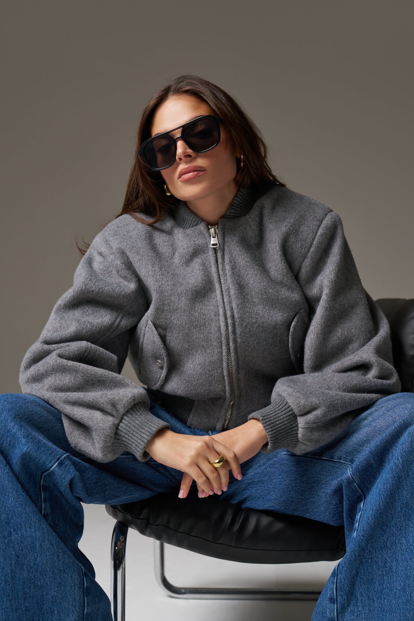 SHOULDER PADDED WOOL BLEND BOMBER JACKET - GREY MARL